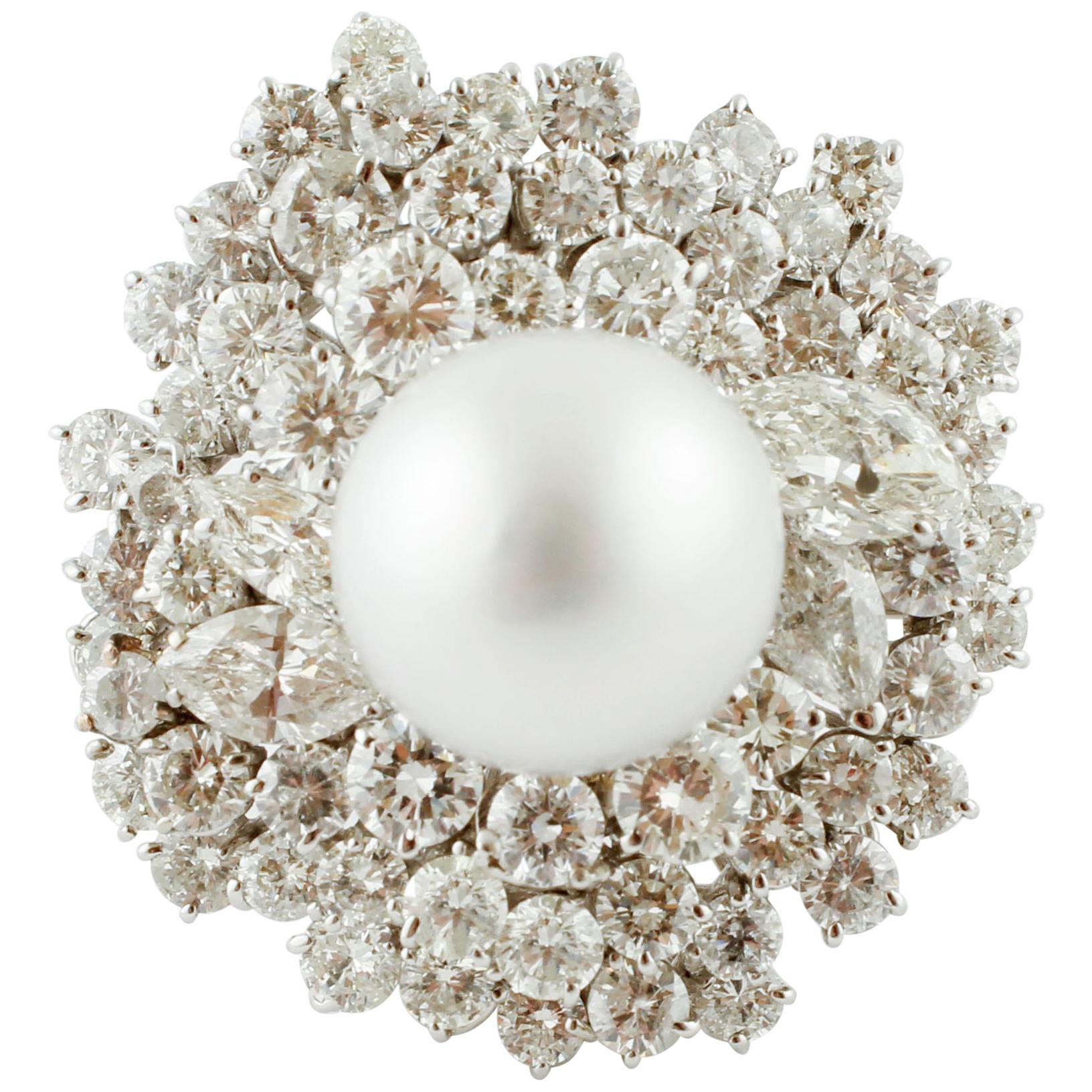 8, 90 carat white Diamonds South Sea White Pearl, White Gold Cluster/Fashion Ring