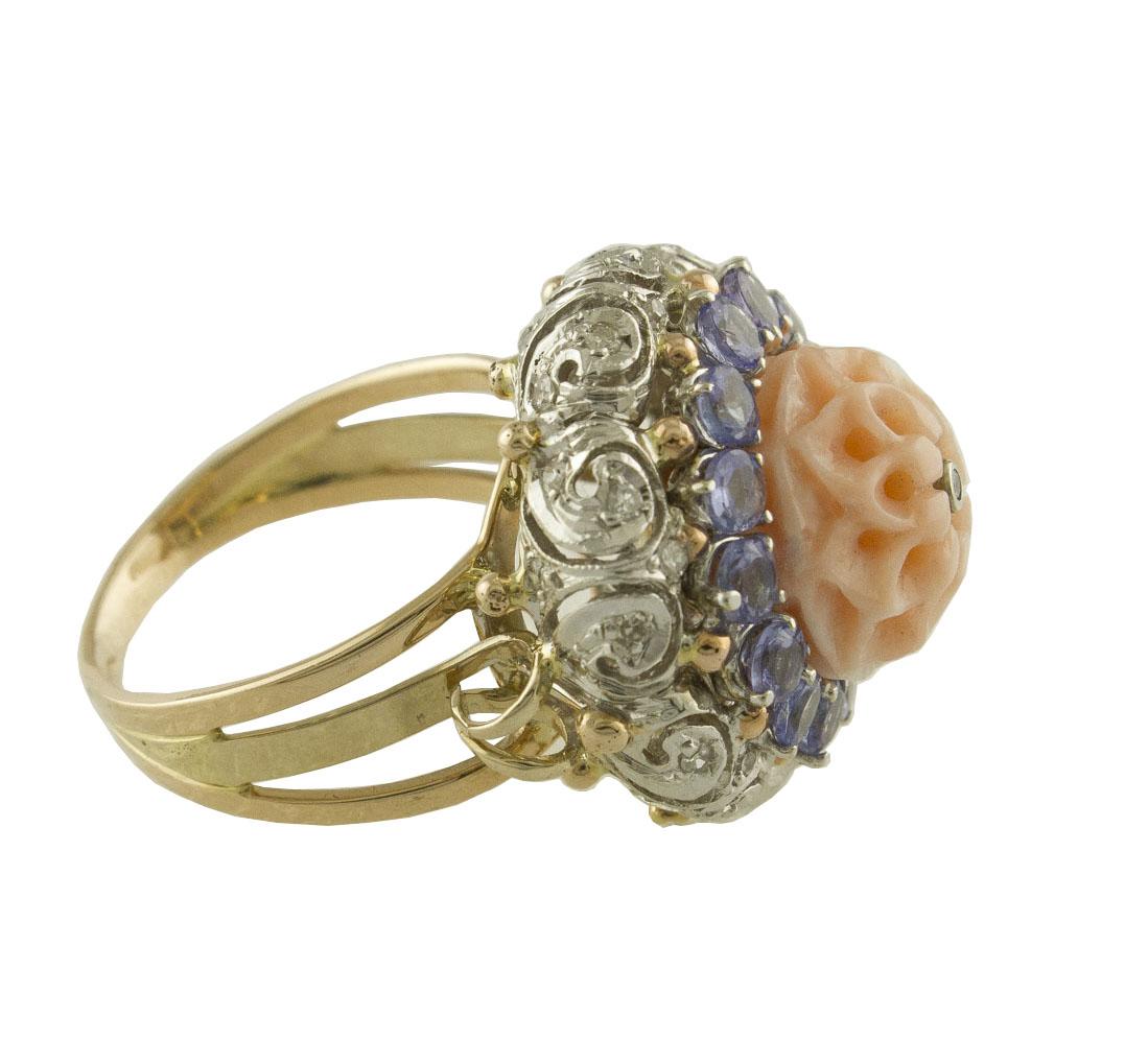 Retro White Diamonds Tanzanite Pink Coral Rose and White Gold Ring For Sale