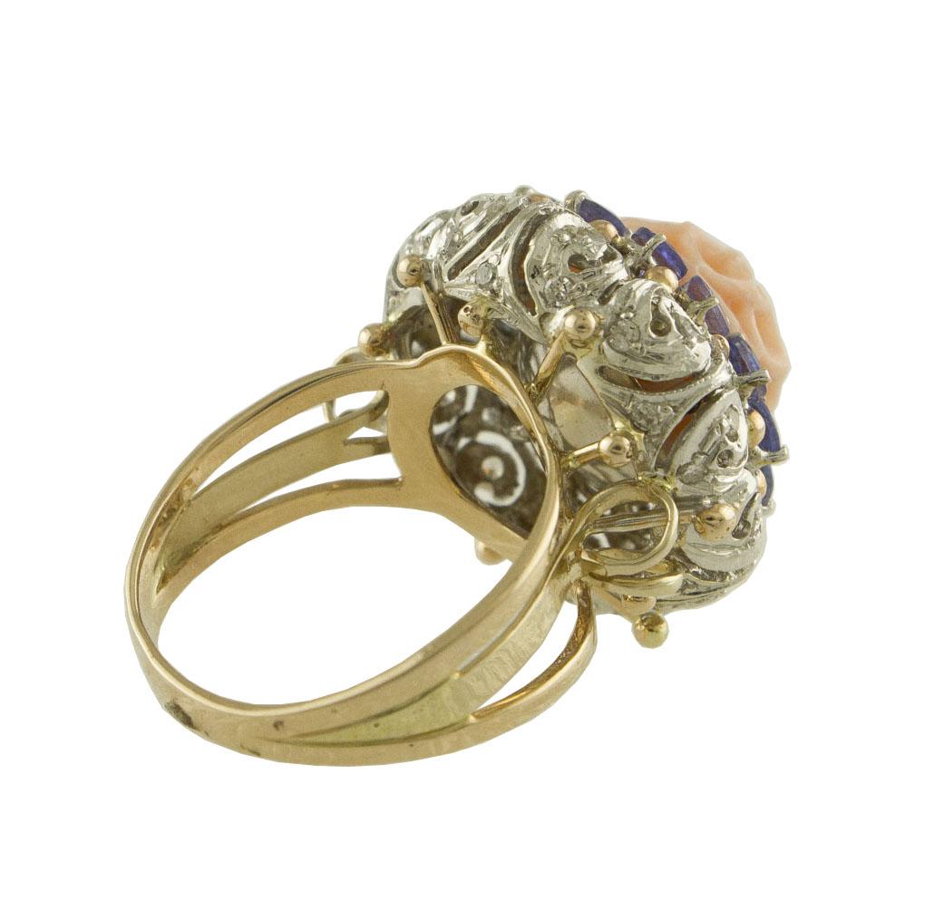 Diamantes Blancos Tanzanita Coral Rosa y Anillo de Oro Blanco Corte mixto en venta