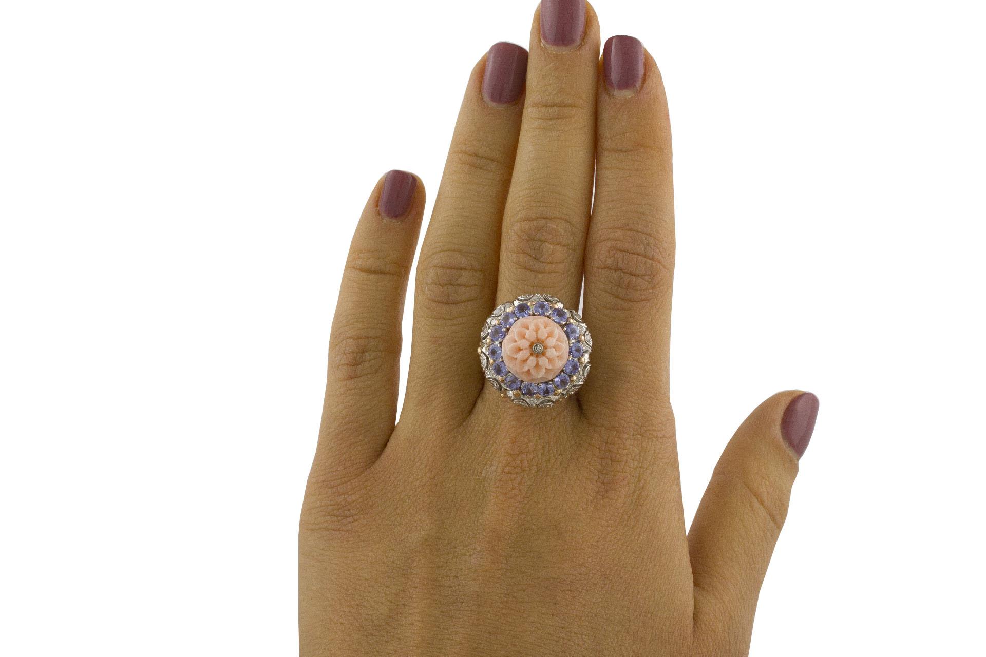 Women's White Diamonds Tanzanite Pink Coral Rose and White Gold Ring For Sale