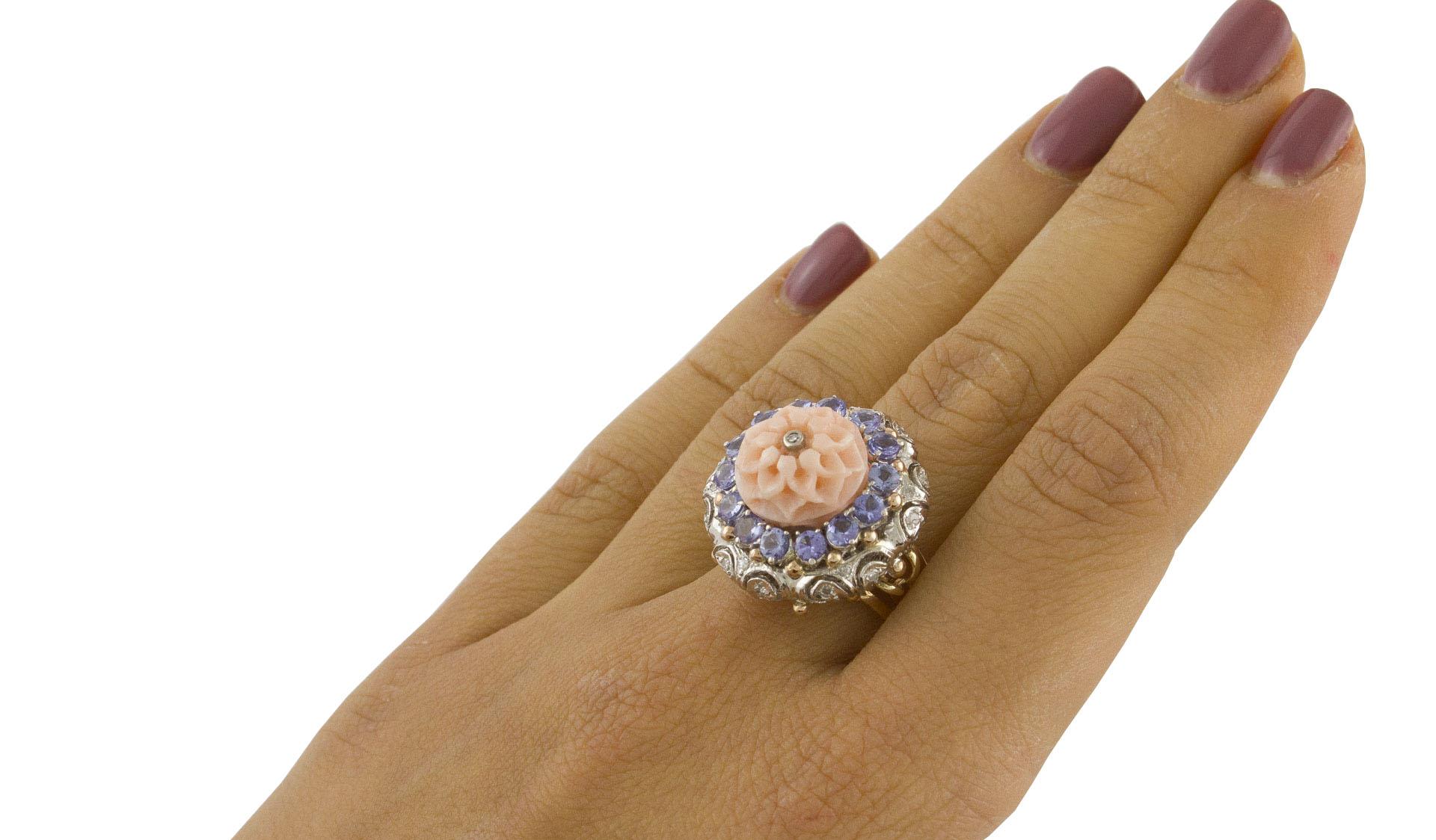 White Diamonds Tanzanite Pink Coral Rose and White Gold Ring For Sale 1