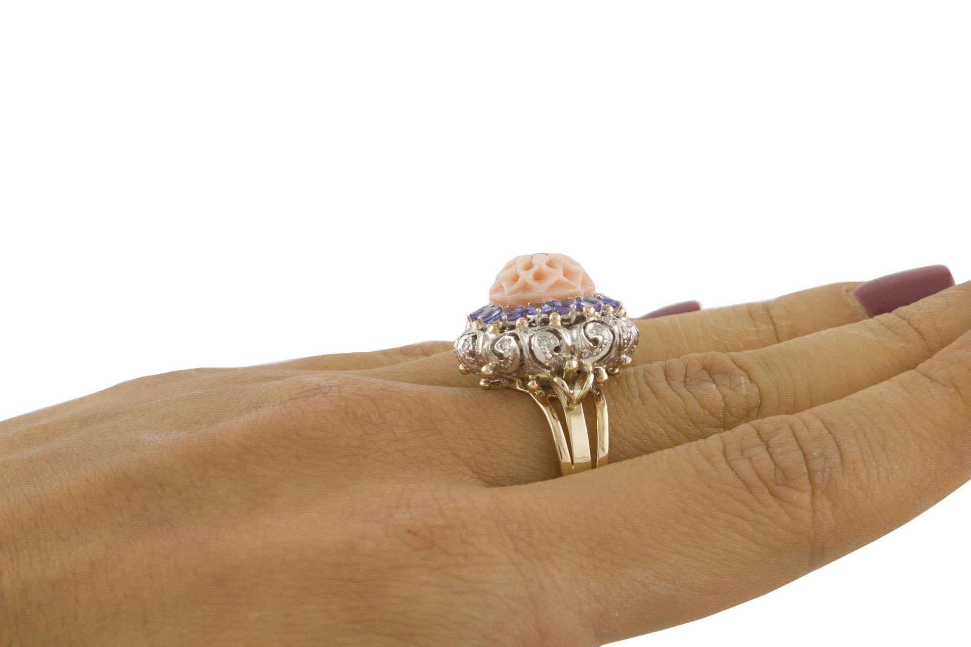 White Diamonds Tanzanite Pink Coral Rose and White Gold Ring For Sale 2