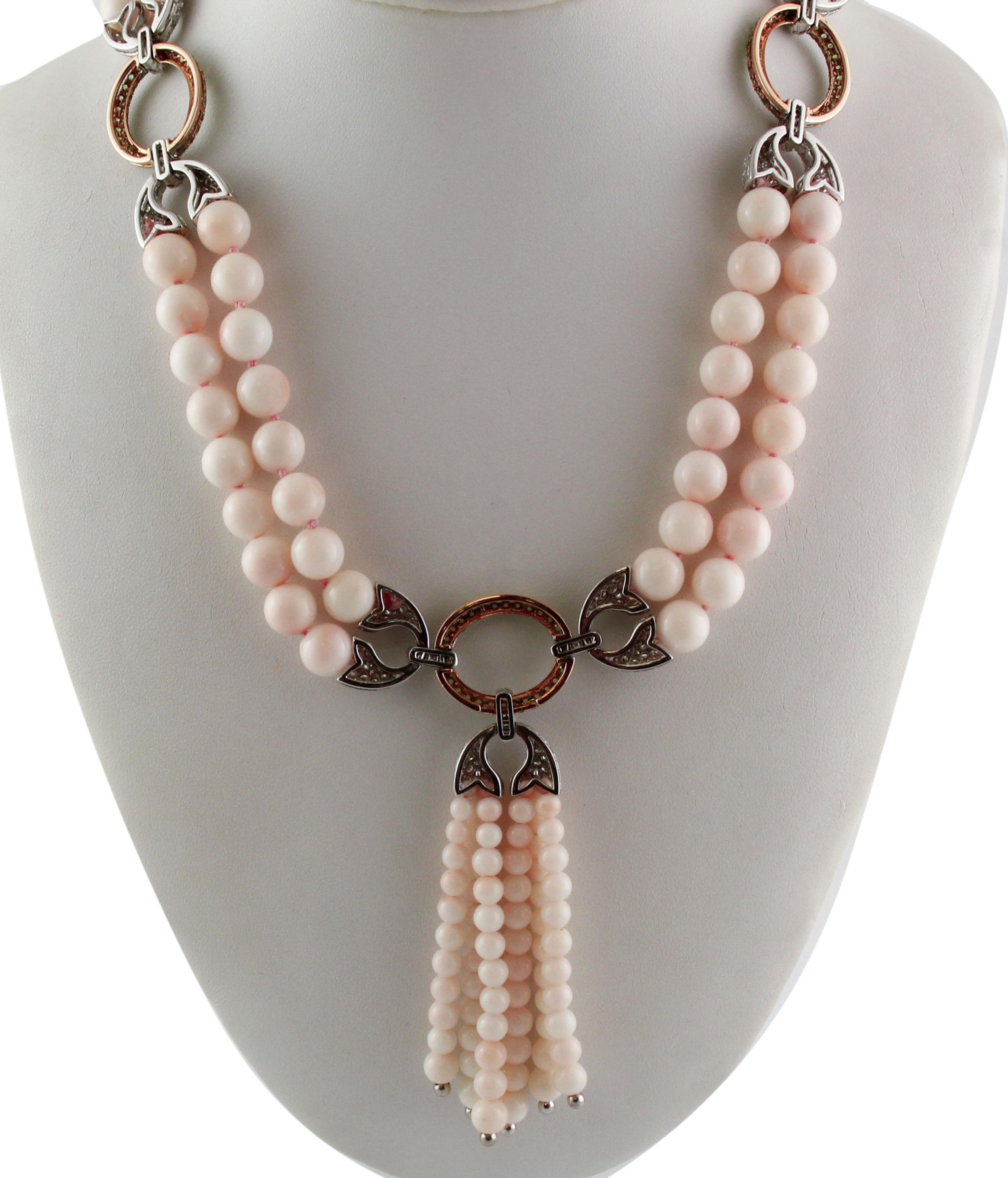 Retro Diamonds, Tsavorites, Pink Coral Spheres, White and Rose Gold Beaded Necklace For Sale