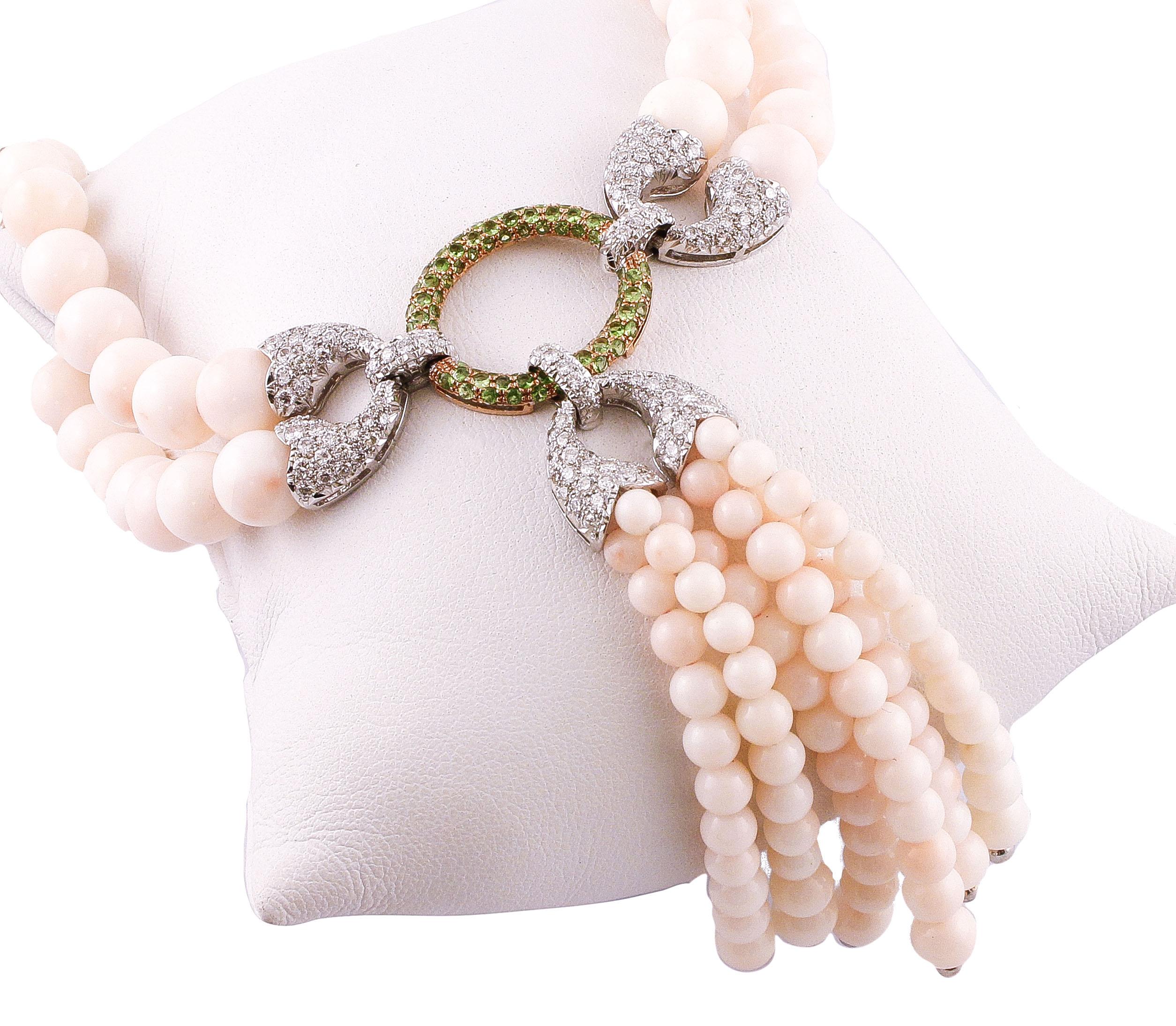 Brilliant Cut Diamonds, Tsavorites, Pink Coral Spheres, White and Rose Gold Beaded Necklace For Sale