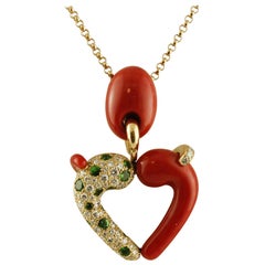 White Diamonds, Tsavorites, Red Coral, 18K Yellow Gold Pendant Necklace