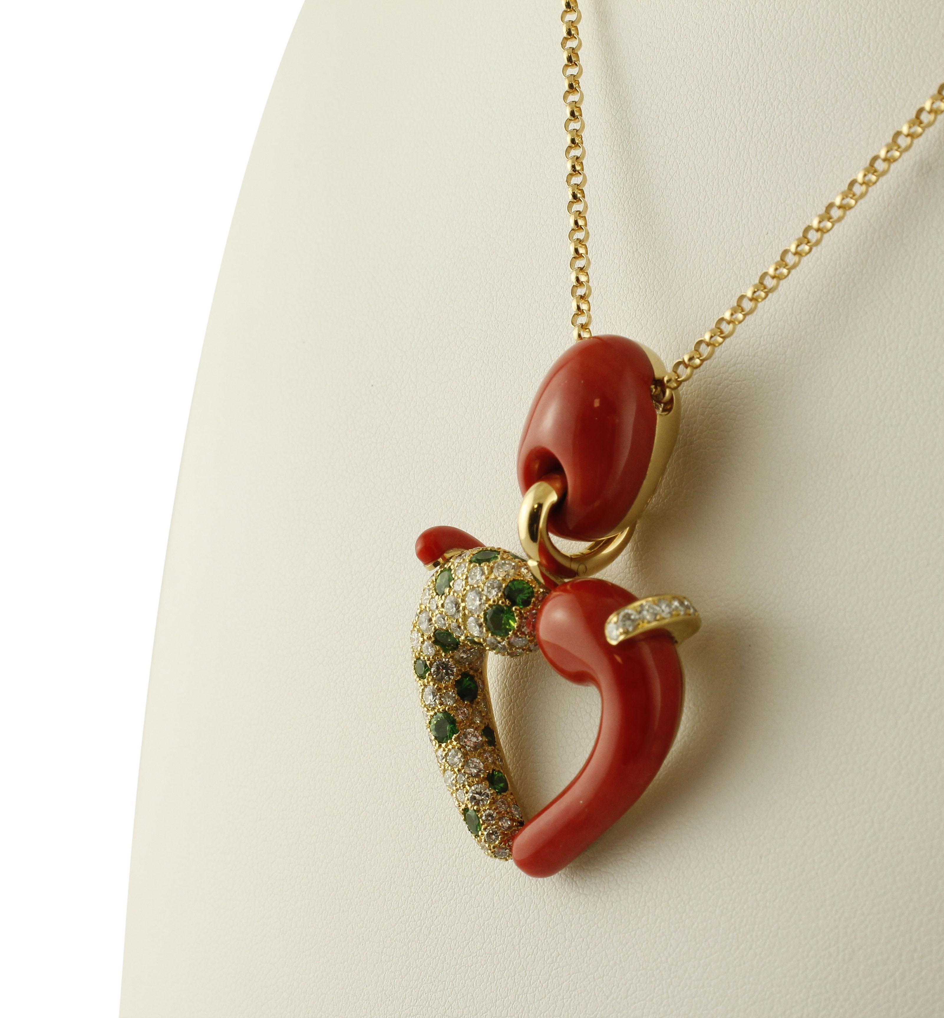 Modern White Diamonds, Tsavorites, Red Coral, 18K Yellow Gold Pendant Necklace For Sale