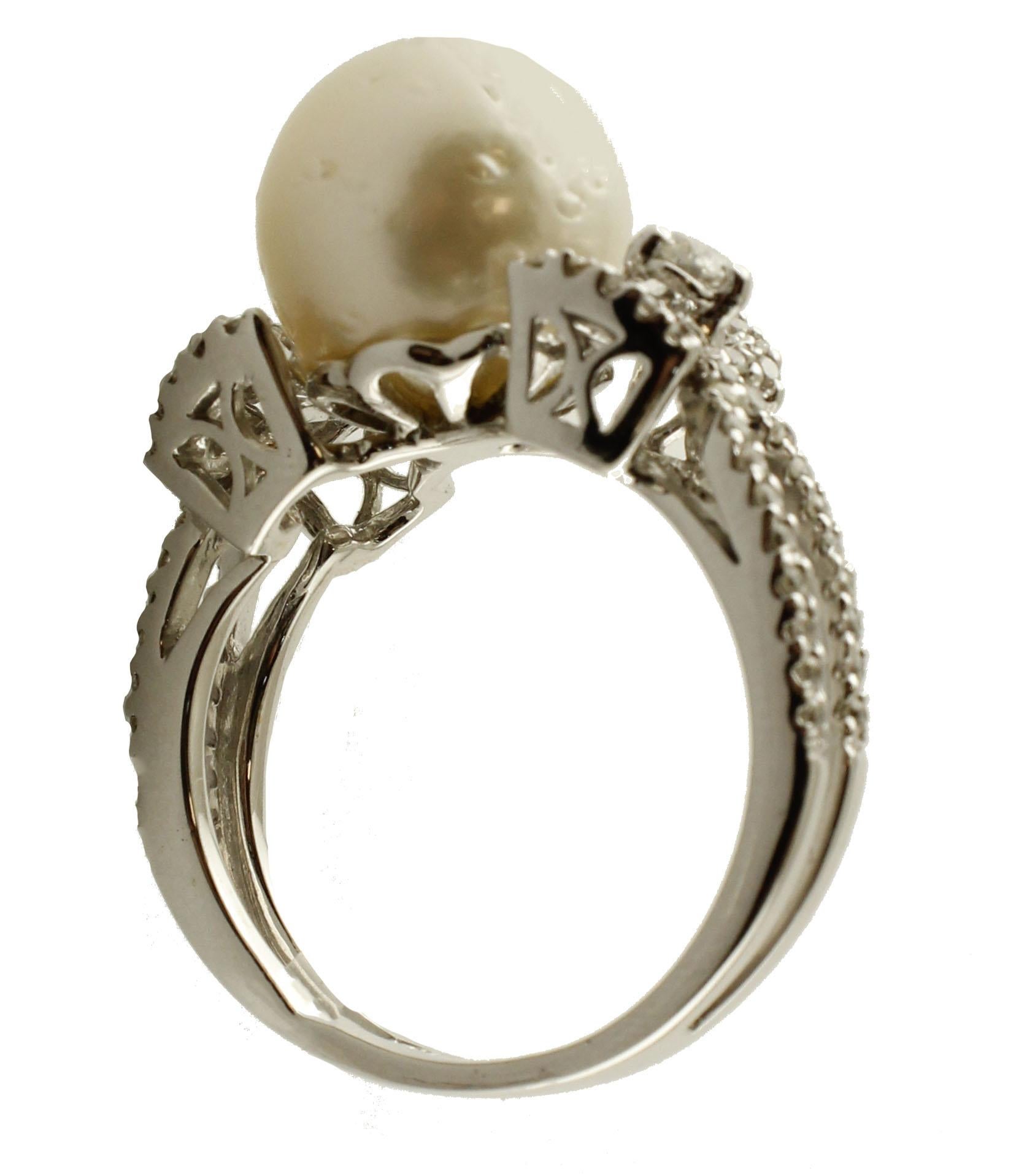 Retro White Diamonds White Australian Pearl 18 Karat White Gold Bow Shape Fashion Ring For Sale