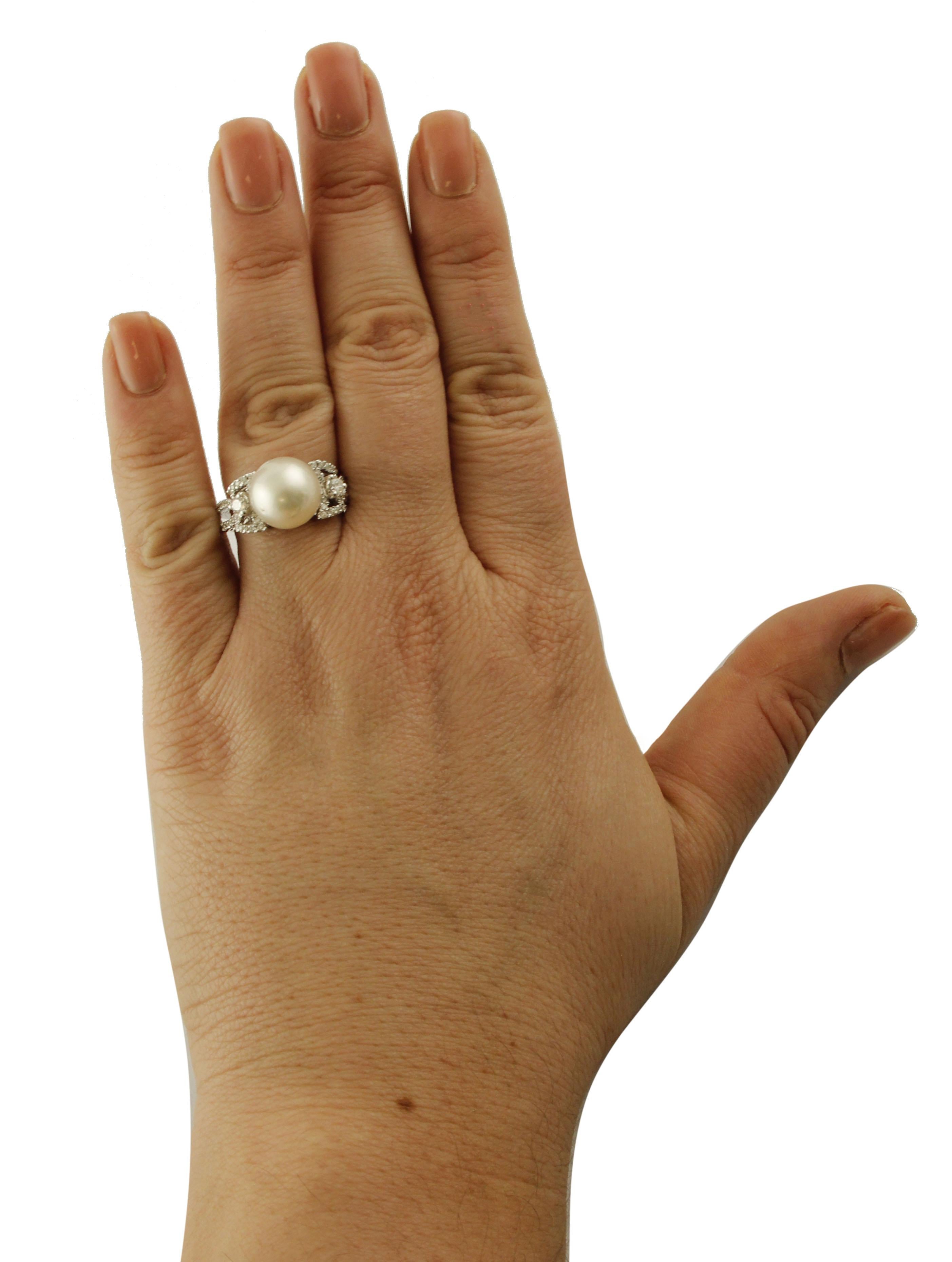 Mixed Cut White Diamonds White Australian Pearl 18 Karat White Gold Bow Shape Fashion Ring For Sale
