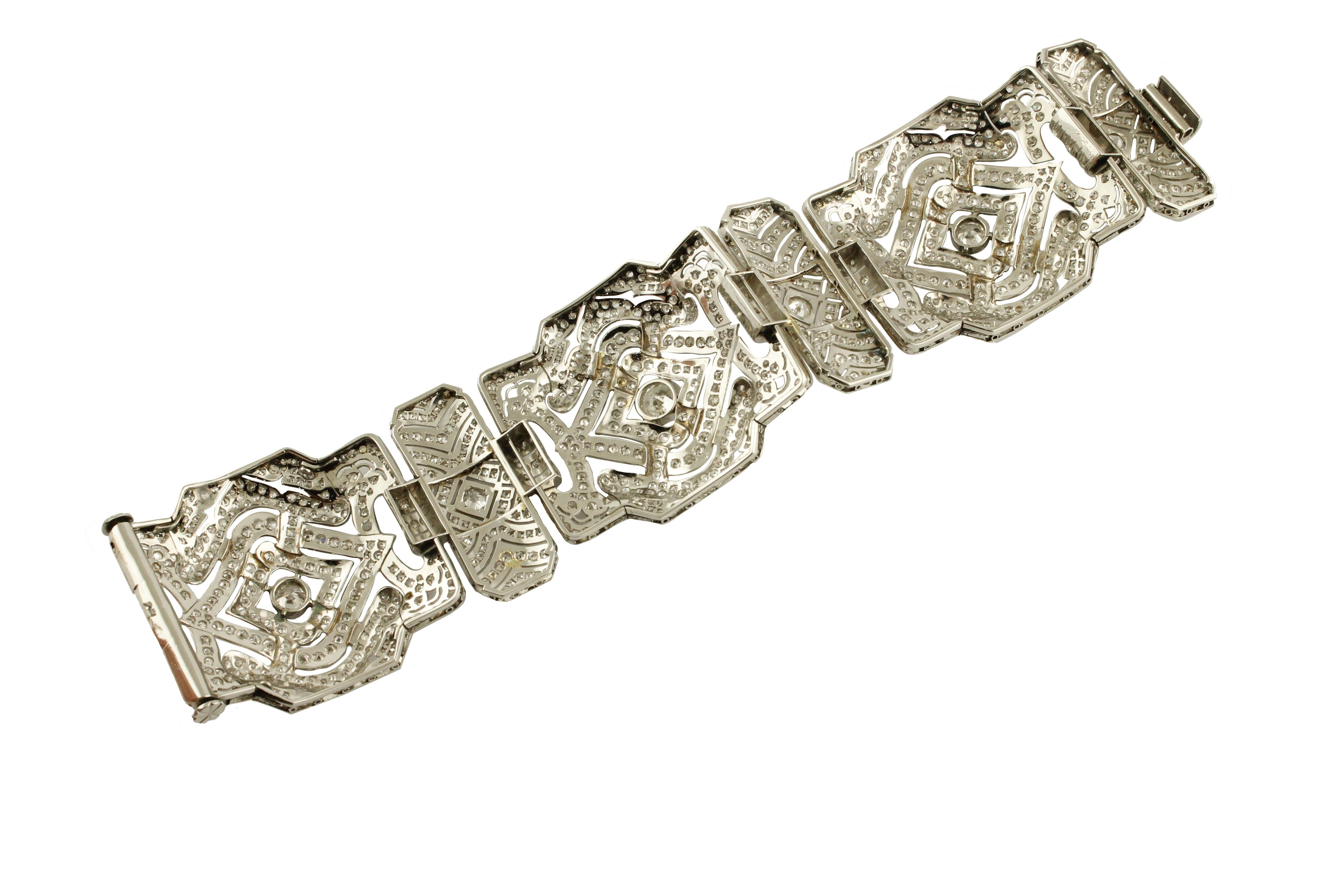 Weiße weiße Diamanten, 18 Karat Weißgold Italienisches Retrò-Armband (Rundschliff)