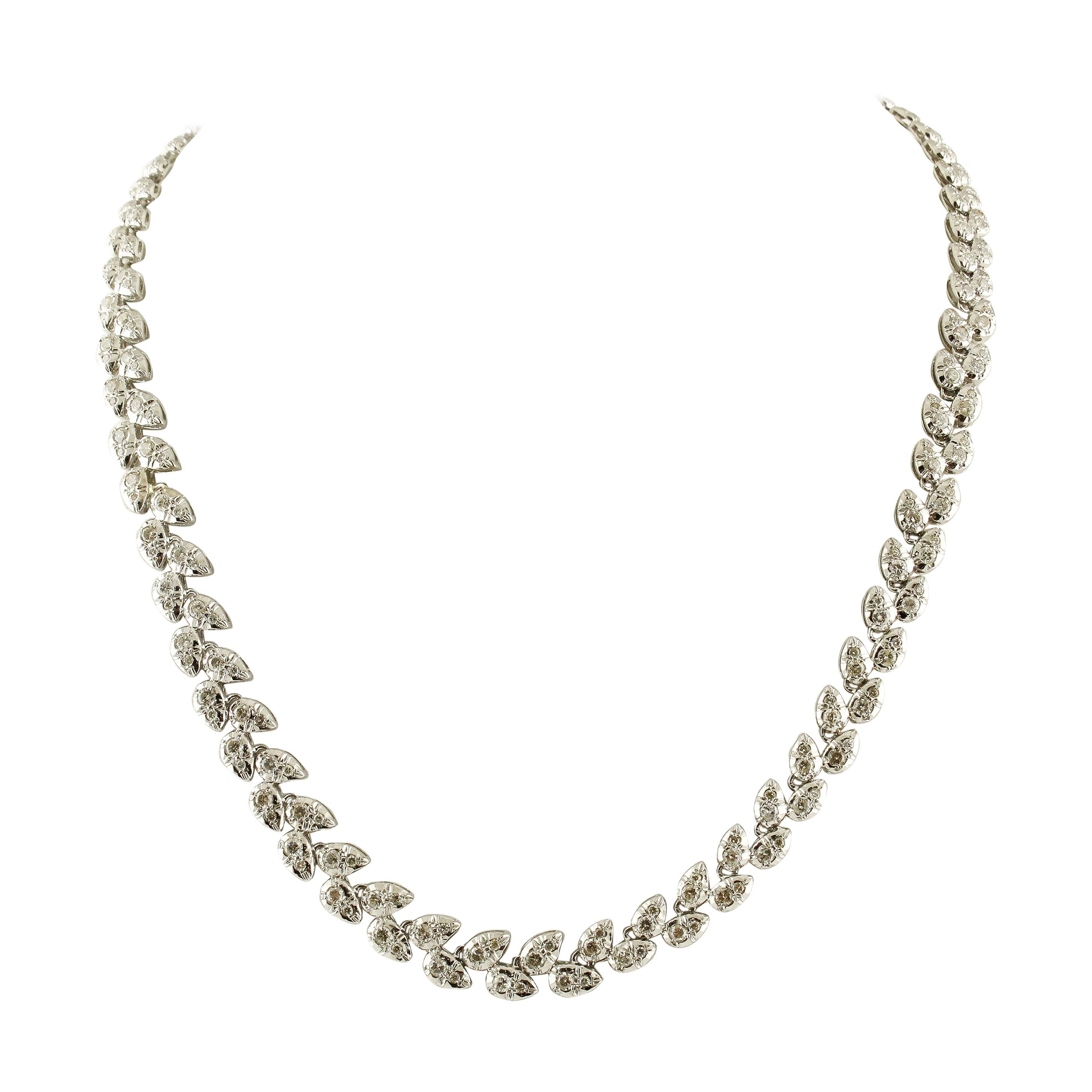 White Diamonds White Gold Leaves Shape Link Necklace