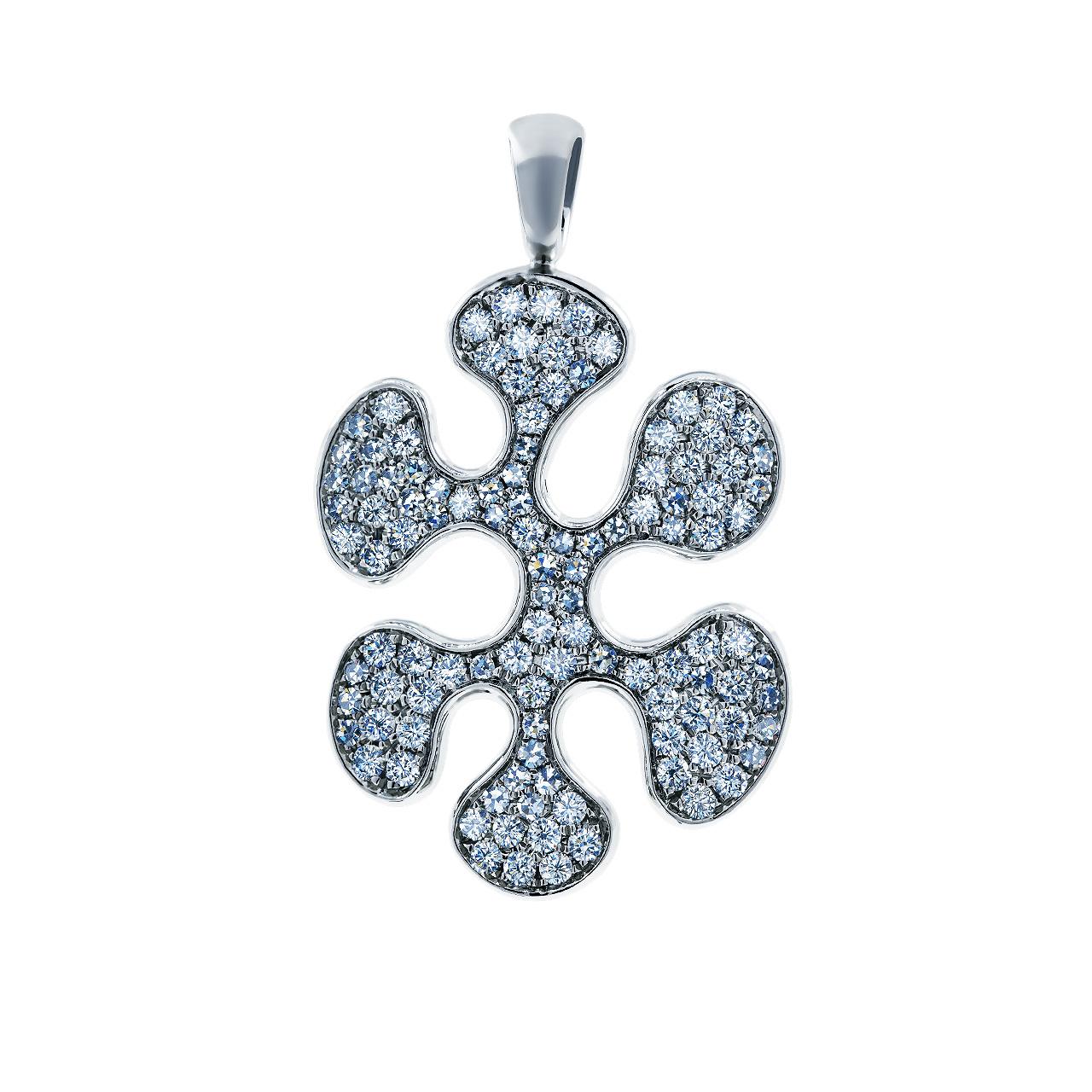 - 110 Round Diamonds - 1.13 ct, G/VVS1-VS1
- 18K White Gold 
- Weight: 8.20 g
Elegant 18k white gold pendant encrusted with 110 diamonds measures 1.13 carats. This unusual collection gives rise to all sorts of associations: droplets of ink escaping