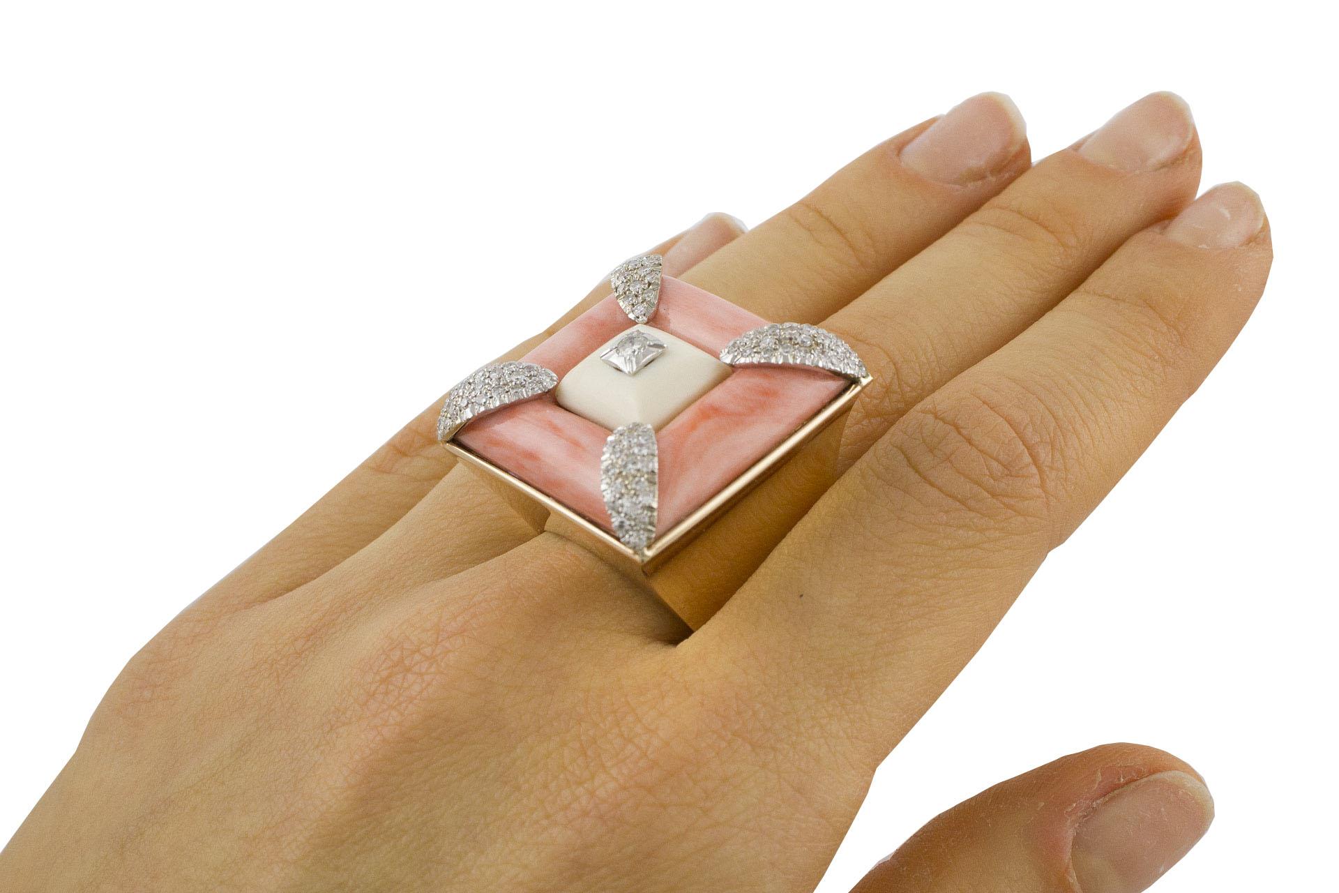 White Diamonds White Stone Pink Stone and White Gold Square Shape Ring 5