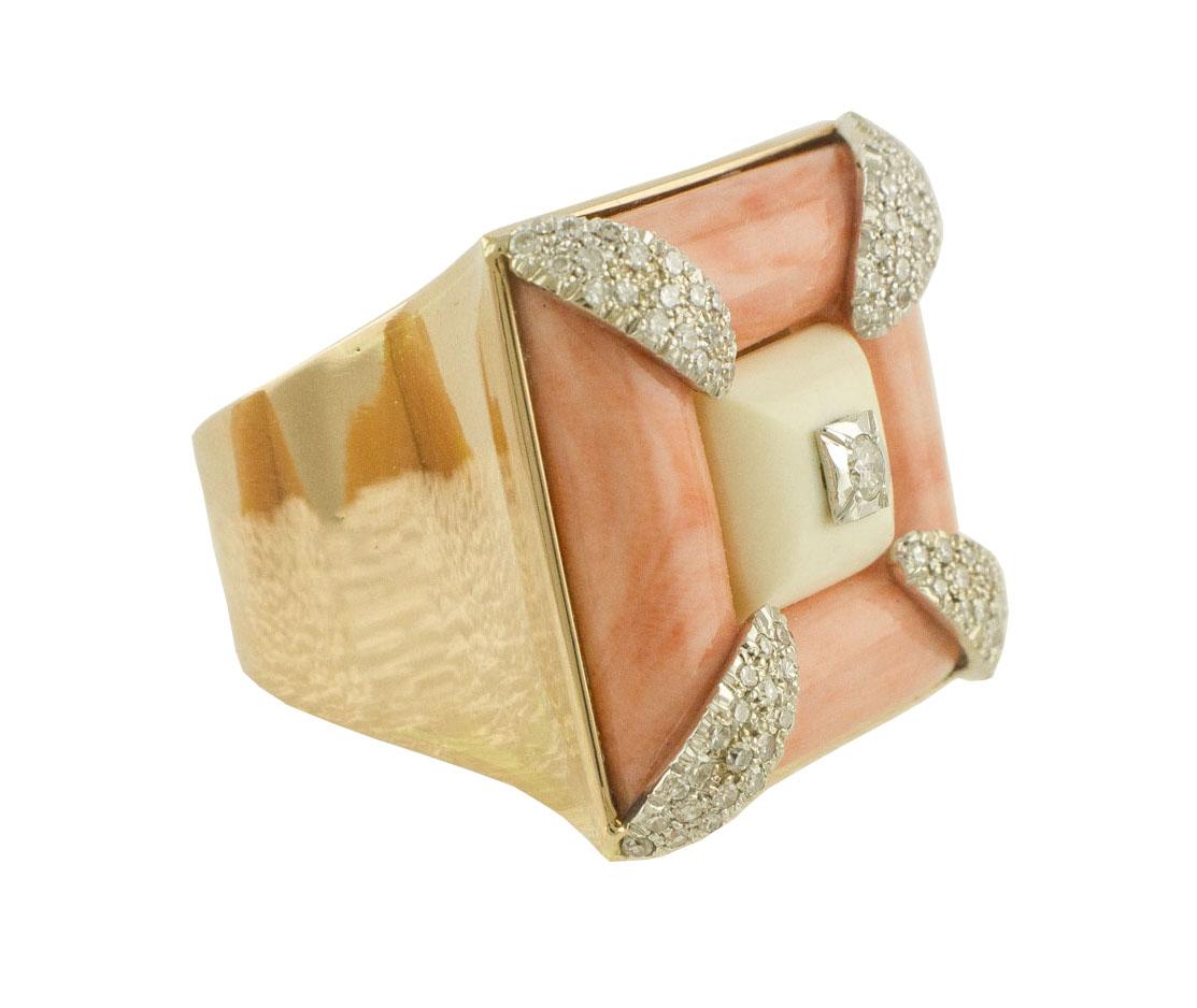 Retro White Diamonds White Stone Pink Stone and White Gold Square Shape Ring