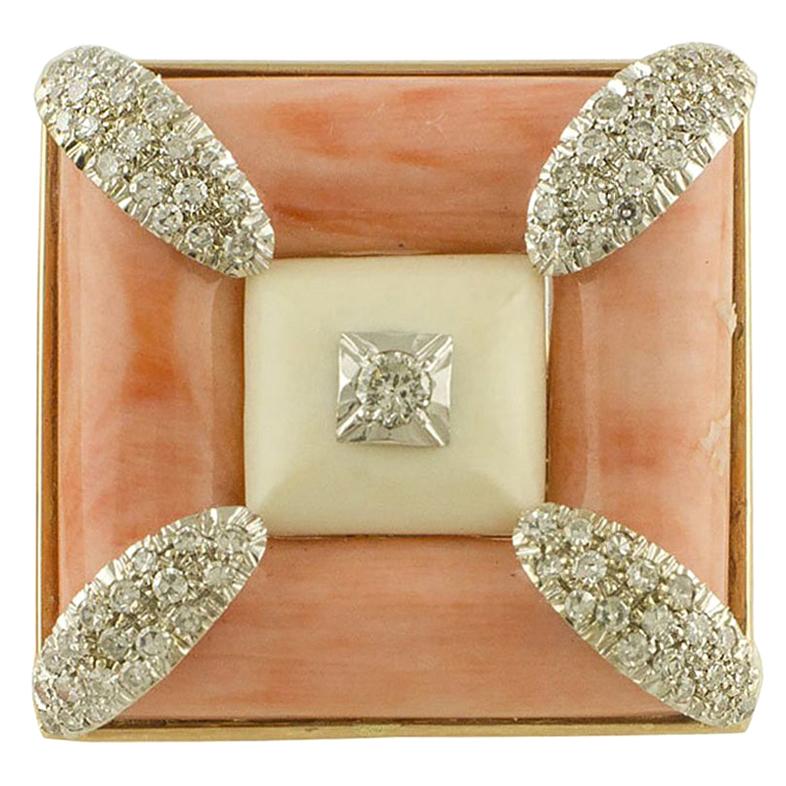White Diamonds White Stone Pink Stone and White Gold Square Shape Ring