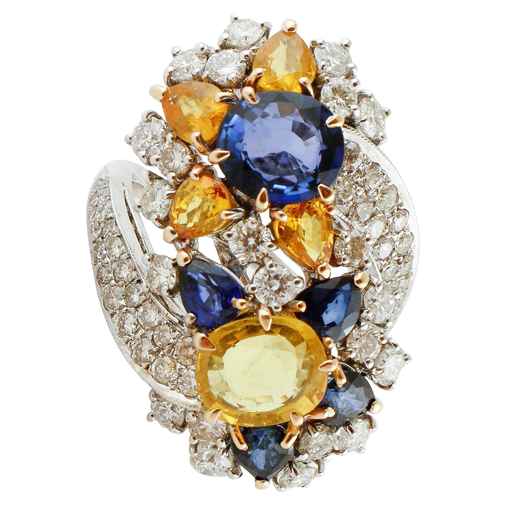 Diamonds, Yellow and Blue Sapphires, 14 Karat White Gold Flower  Ring For Sale