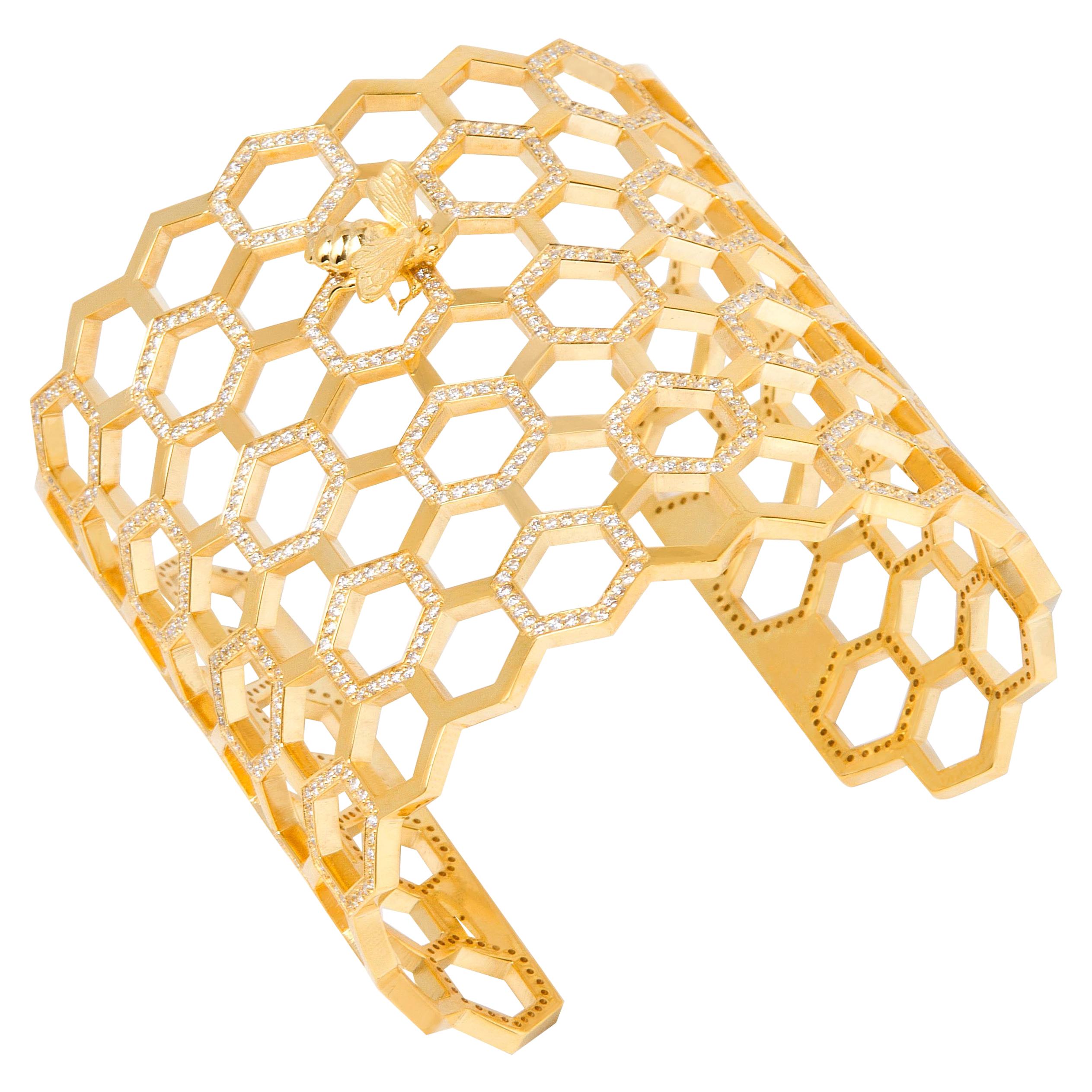 White Diamonds Yellow Gold Bracelet, Honeycomb Bee Cuff For Sale