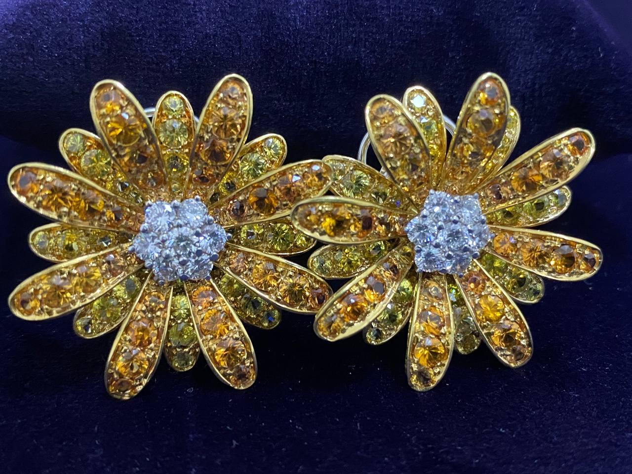 Artisan White Diamonds Yellow Sapphires Daisy Flower Petals Earrings in 18kt Gold For Sale