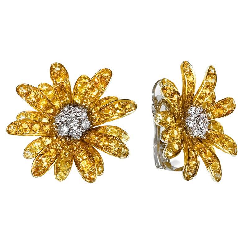 White Diamonds Yellow Sapphires Daisy Flower Petals Earrings in 18kt Gold For Sale