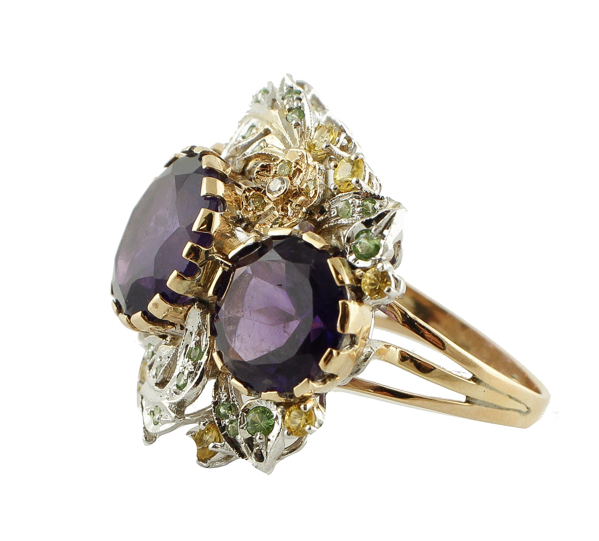 White Diamonds, Yellow Sapphires, Tsavorites, Amethysts White and Rose Gold Ring For Sale 4