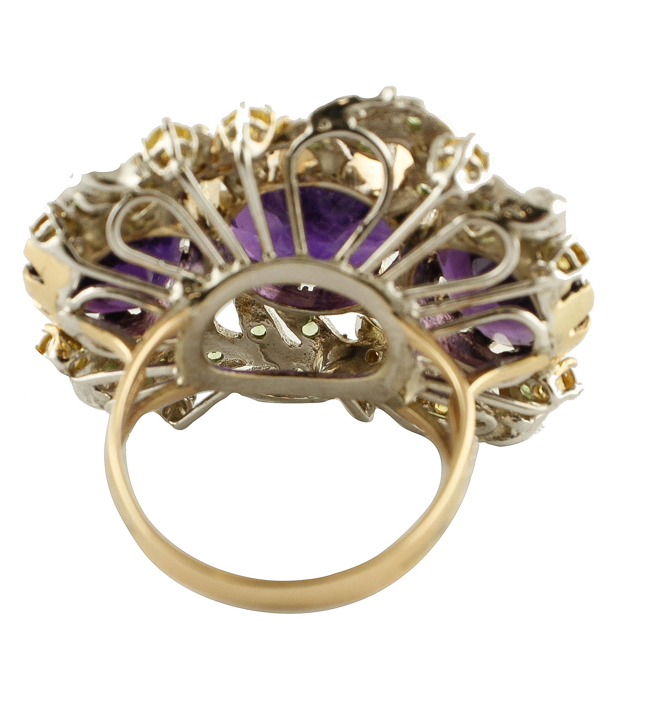 White Diamonds, Yellow Sapphires, Tsavorites, Amethysts White and Rose Gold Ring For Sale 5