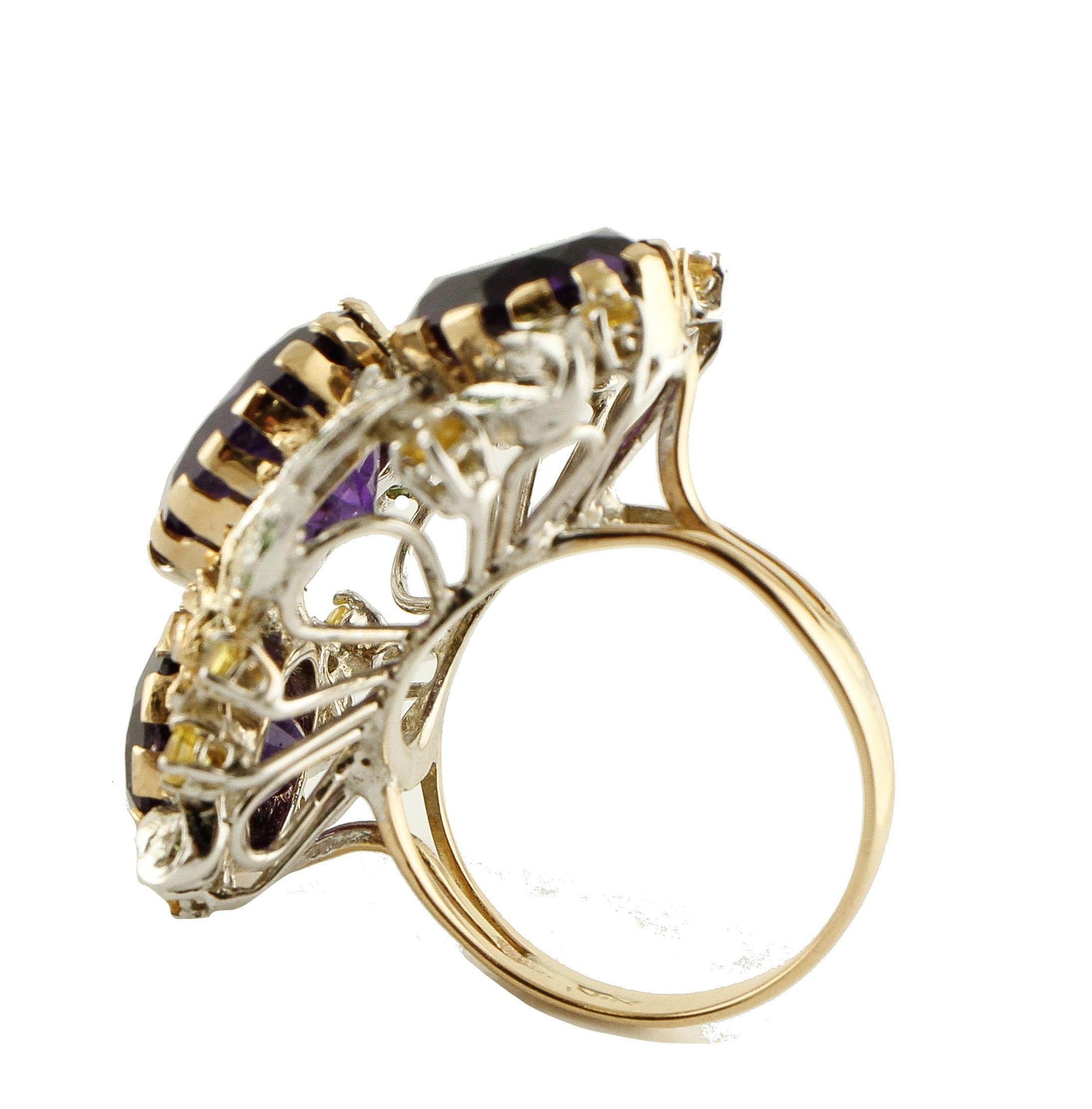White Diamonds, Yellow Sapphires, Tsavorites, Amethysts White and Rose Gold Ring For Sale 6
