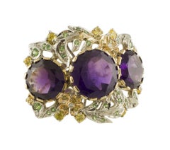 White Diamonds, Yellow Sapphires, Tsavorites, Amethysts White and Rose Gold Ring