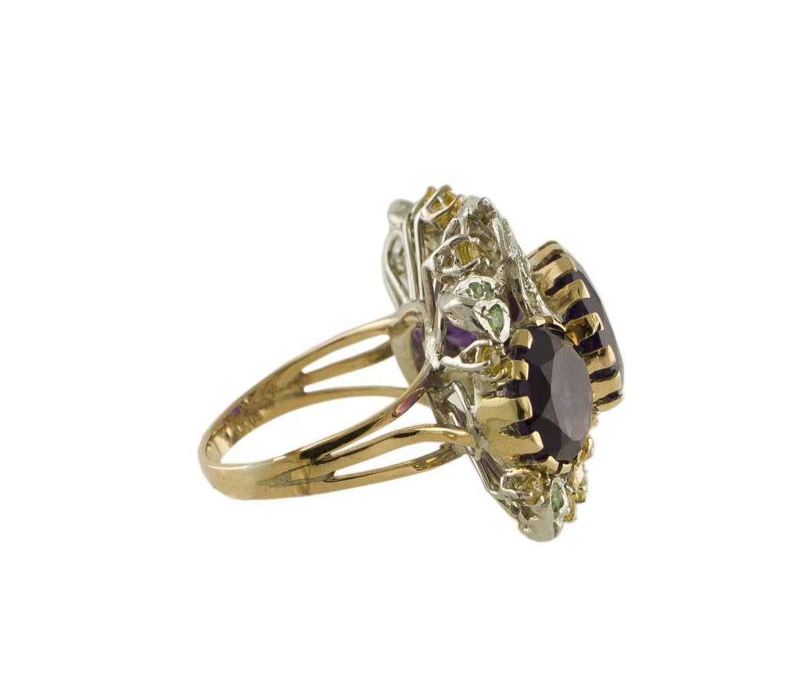 Retro White Diamonds, Yellow Sapphires, Tsavorites, Amethysts White and Rose Gold Ring For Sale