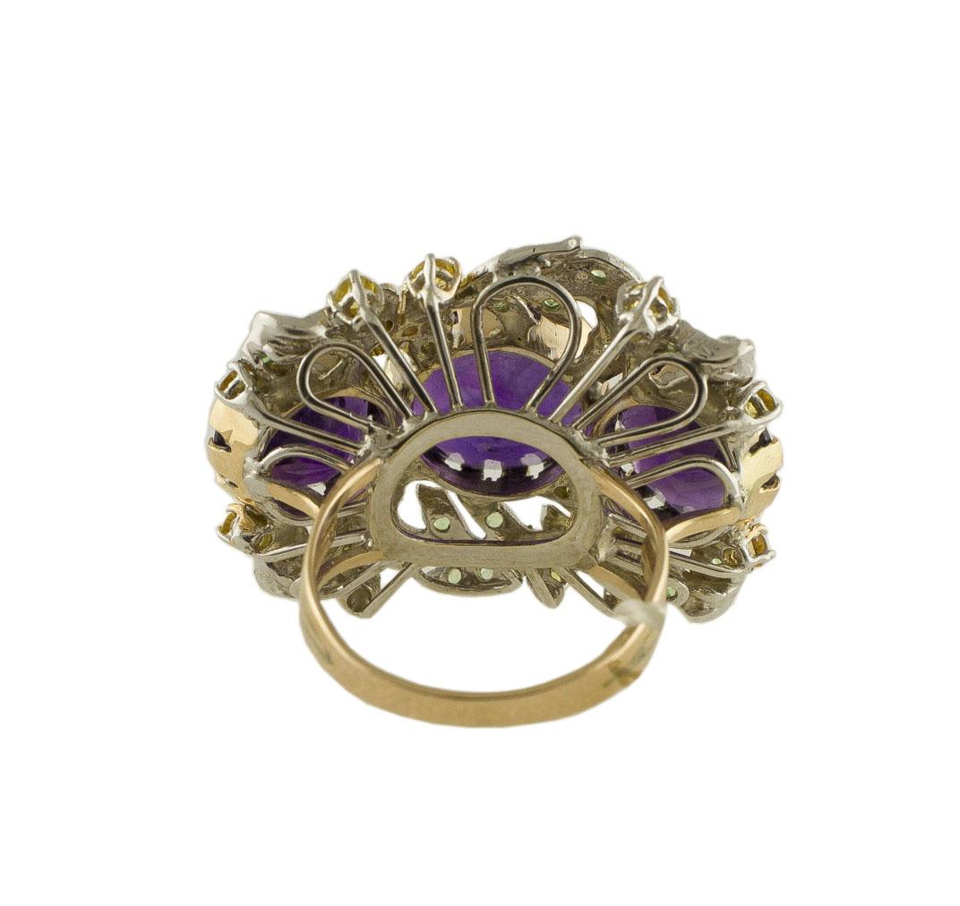 Mixed Cut White Diamonds, Yellow Sapphires, Tsavorites, Amethysts White and Rose Gold Ring For Sale