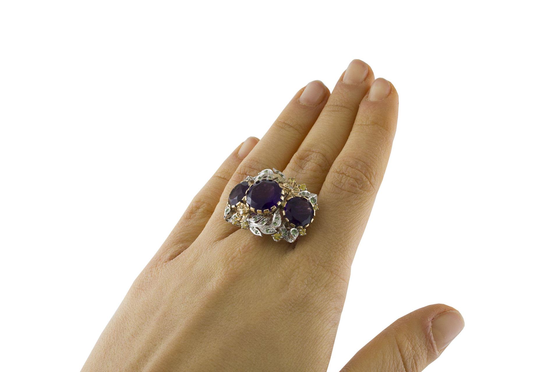 White Diamonds, Yellow Sapphires, Tsavorites, Amethysts White and Rose Gold Ring For Sale 1