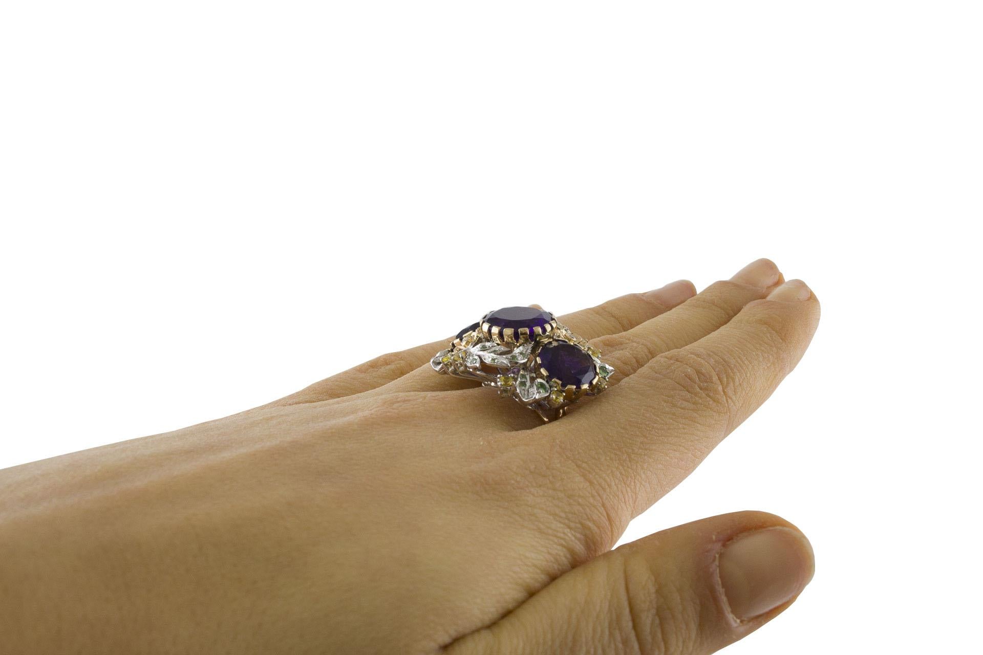 White Diamonds, Yellow Sapphires, Tsavorites, Amethysts White and Rose Gold Ring For Sale 2