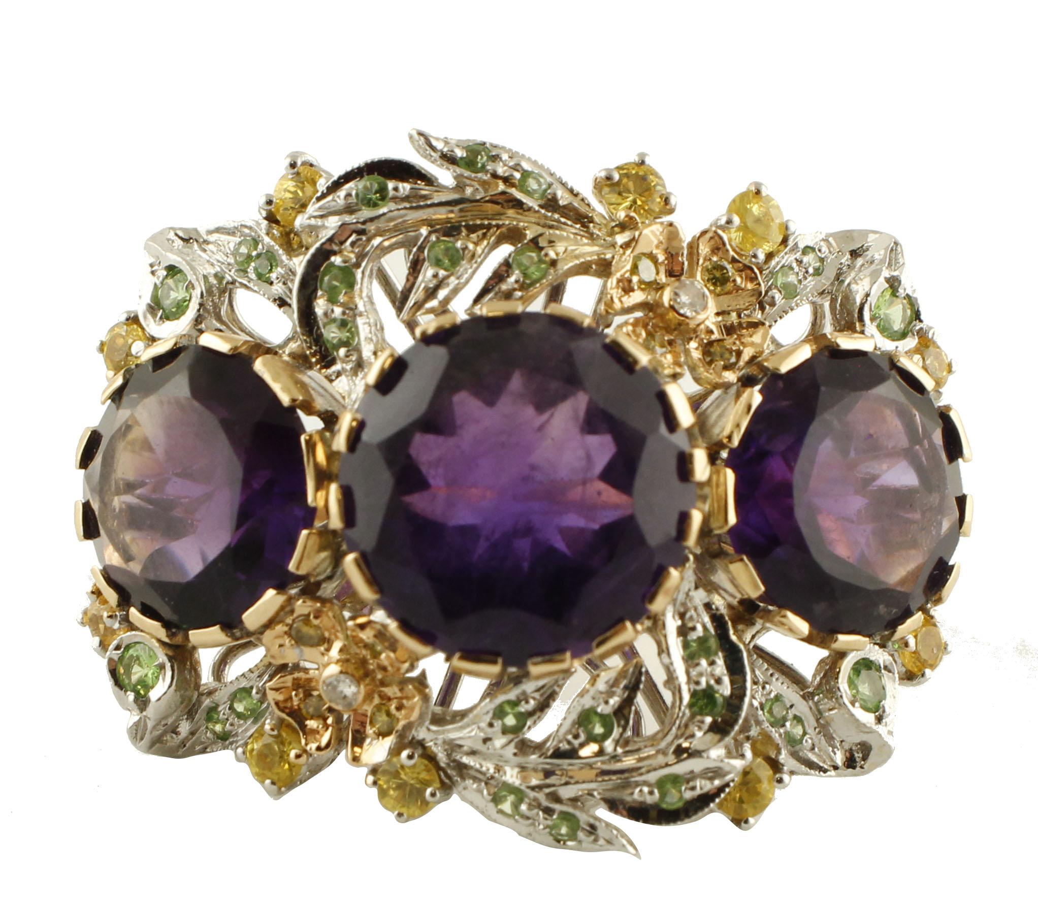 White Diamonds, Yellow Sapphires, Tsavorites, Amethysts White and Rose Gold Ring For Sale 3