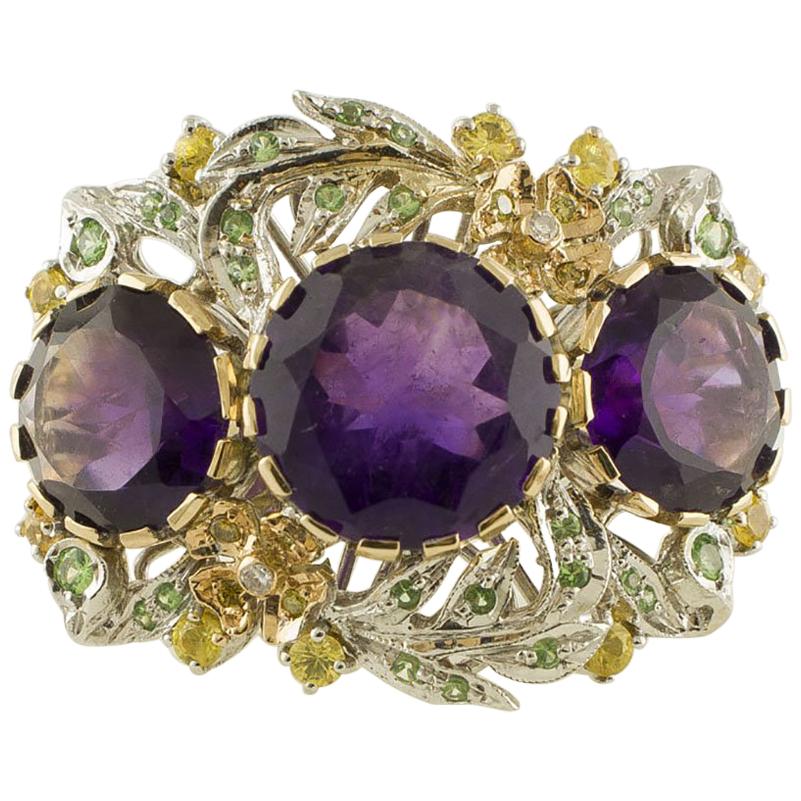 White Diamonds, Yellow Sapphires, Tsavorites, Amethysts White and Rose Gold Ring For Sale