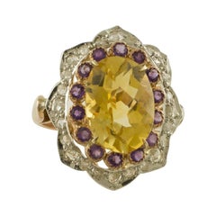 White Diamonds, Yellow Topaz, Little Amethysts Rose Gold and Silver Flower Ring