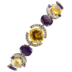 White Diamonds Yellow Topazes Amethysts White Gold Link Bracelet