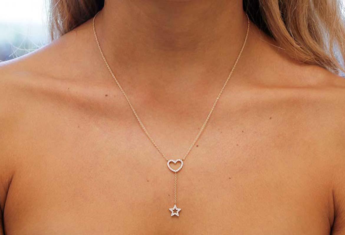 Weiße Diamanten, 18 Karat Gelbgold Herz- und sternförmige Anhänger-Halskette Damen
