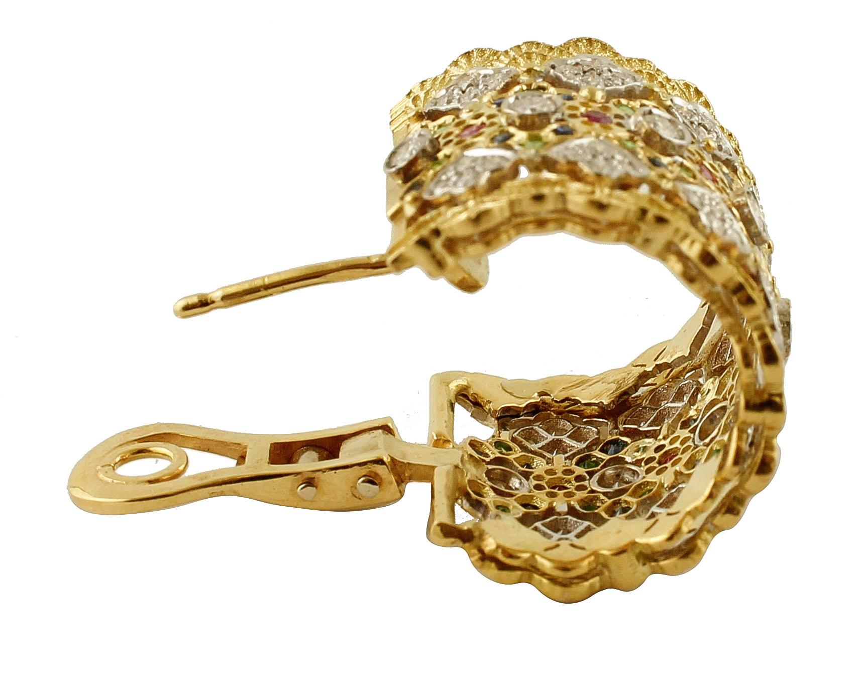 Brilliant Cut White Diamonds Rubies Blue Sapphires Tsavorites 18K Yellow Gold Clip-On Earrings For Sale