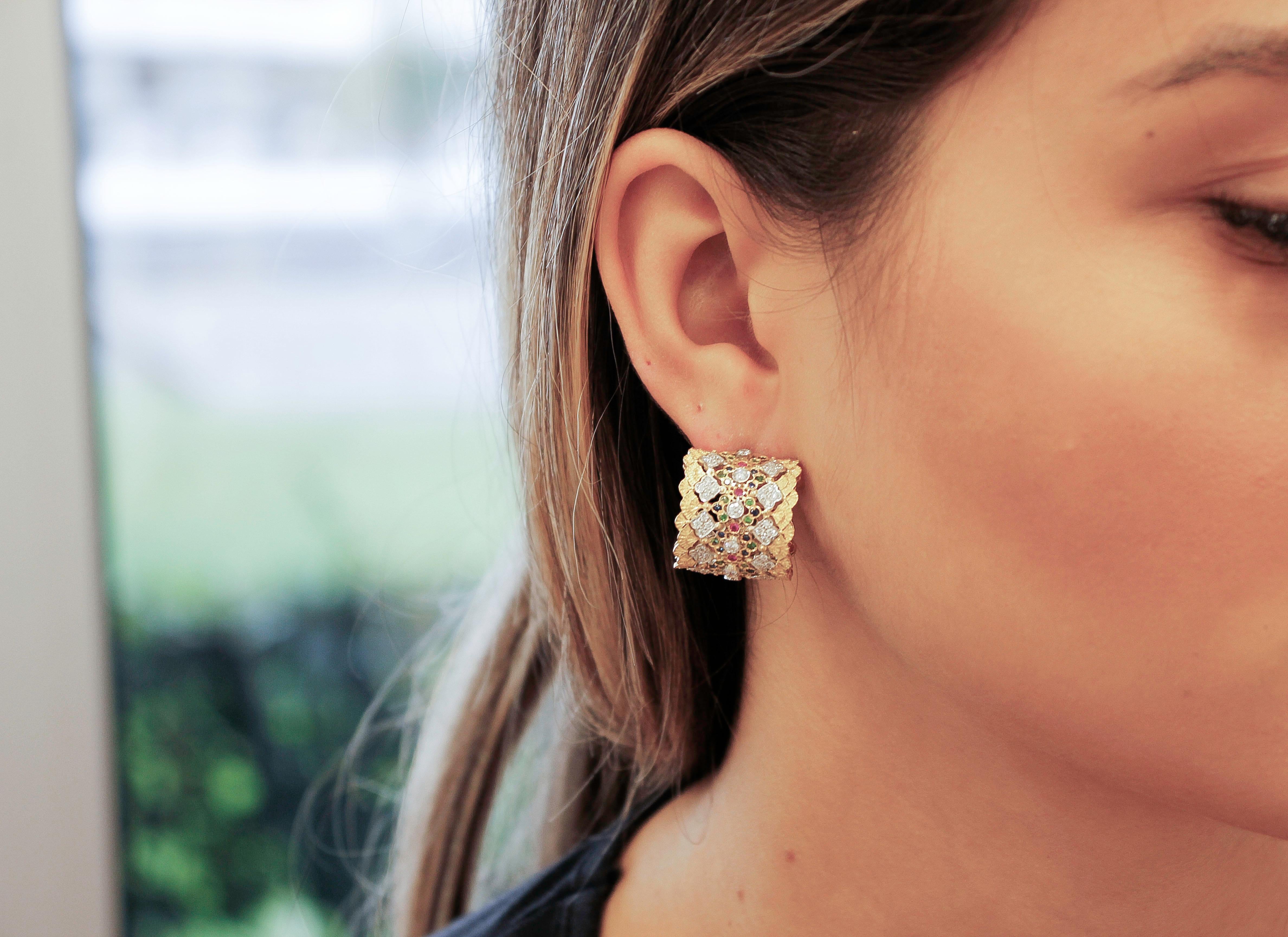 Women's White Diamonds Rubies Blue Sapphires Tsavorites 18K Yellow Gold Clip-On Earrings For Sale