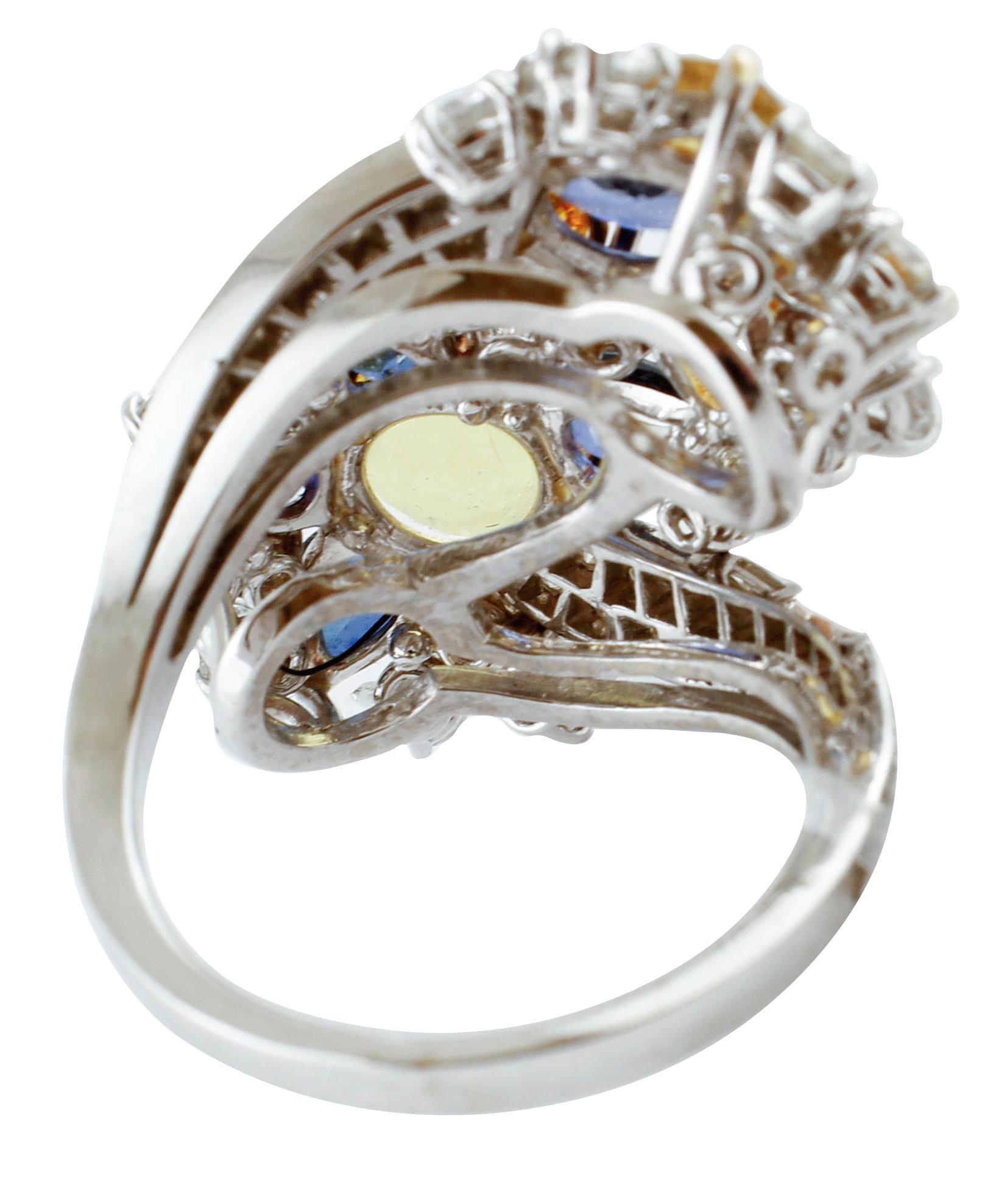 Retro Diamonds, Yellow and Blue Sapphires, 14 Karat White Gold Flower  Ring
