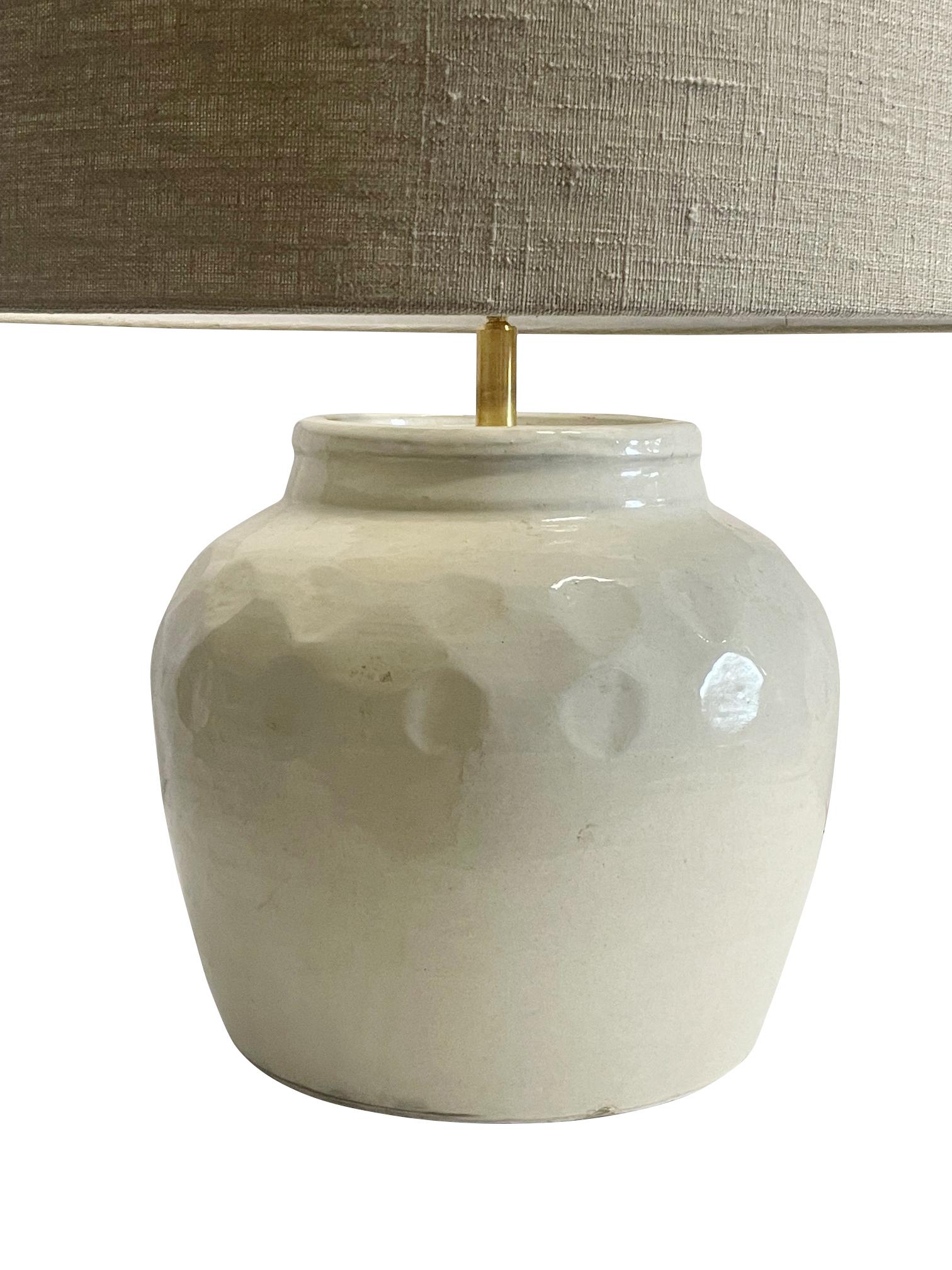 White Dimple Texture Pair Lamps With Shades, China, Contemporary In New Condition In New York, NY