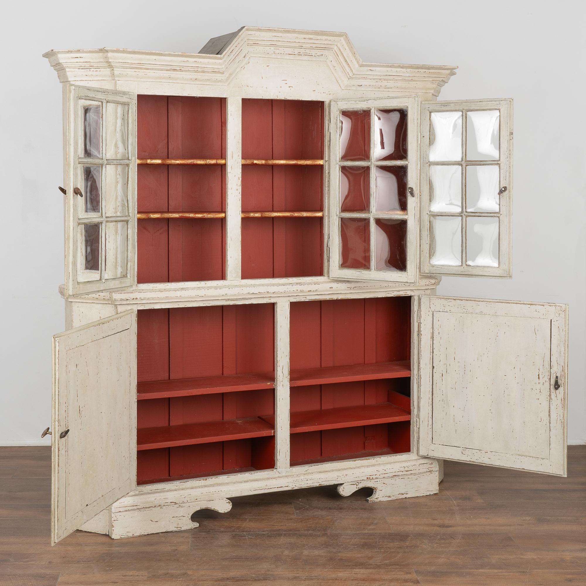 Country White Display Cabinet Cupboard with Pane Glass Doors, Sweden circa 1860-80 For Sale