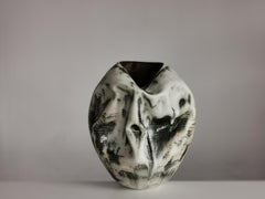 White Distorted Form with Green Glaze Highlights N.74, Ceramic Sculpture Vessel