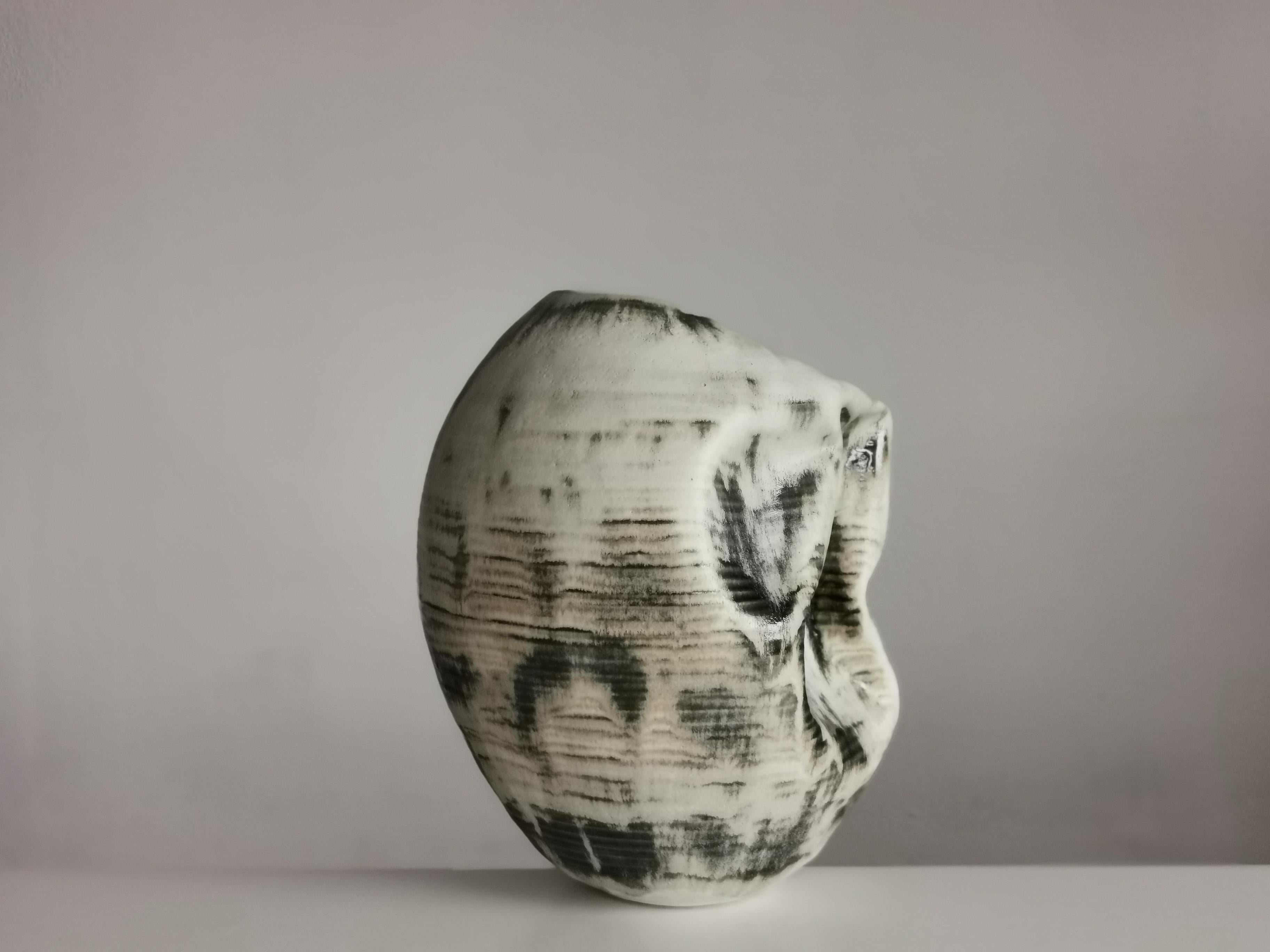 Contemporary White Distorted Form with Green Glaze Highlights N.74, Ceramic Sculpture Vessel For Sale
