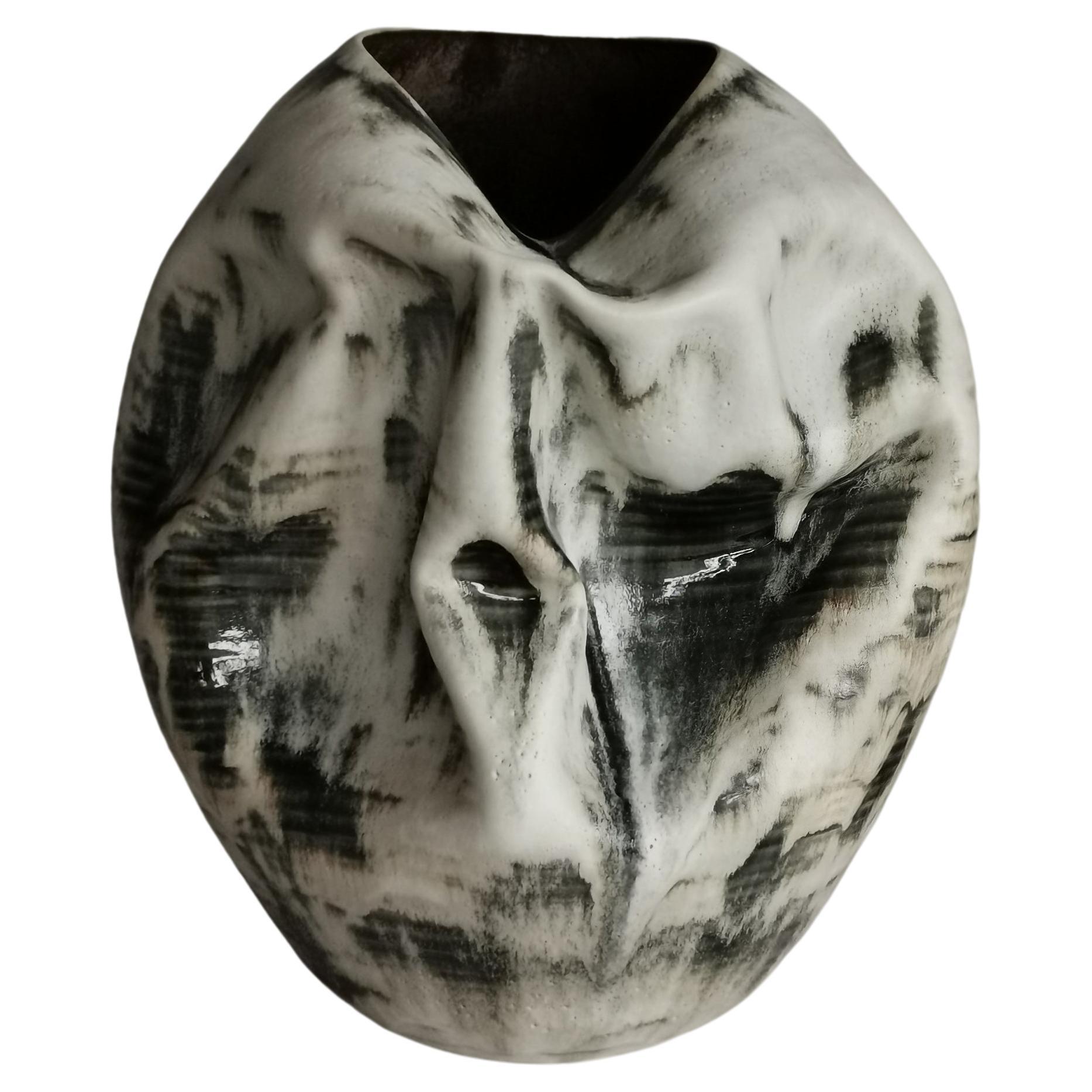 White Distorted Form with Green Glaze Highlights N.74, Ceramic Sculpture Vessel For Sale