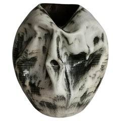 White Distorted Form with Green Glaze Highlights N.74, Ceramic Sculpture Vessel