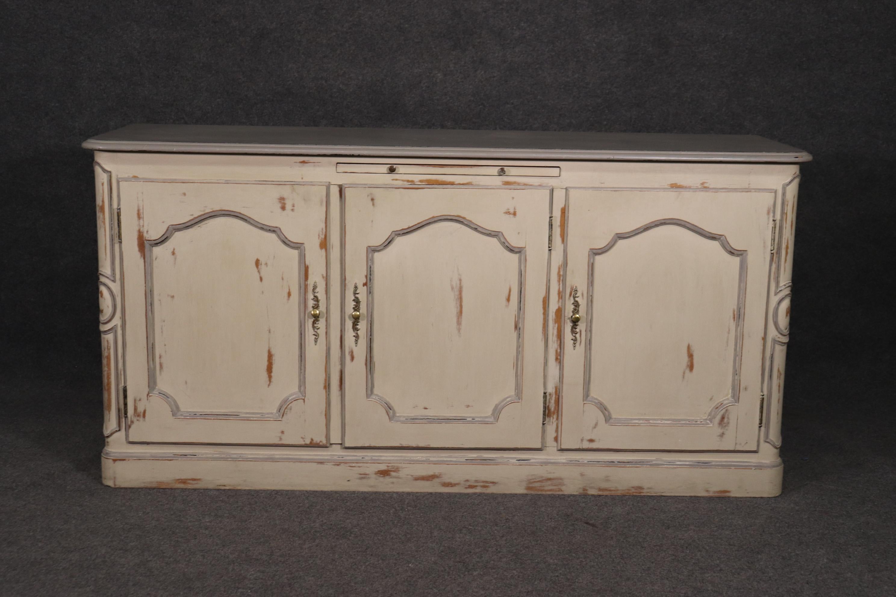 French Provincial White Distressed Painted Bodart Louis XV Country French Sideboard Buffet