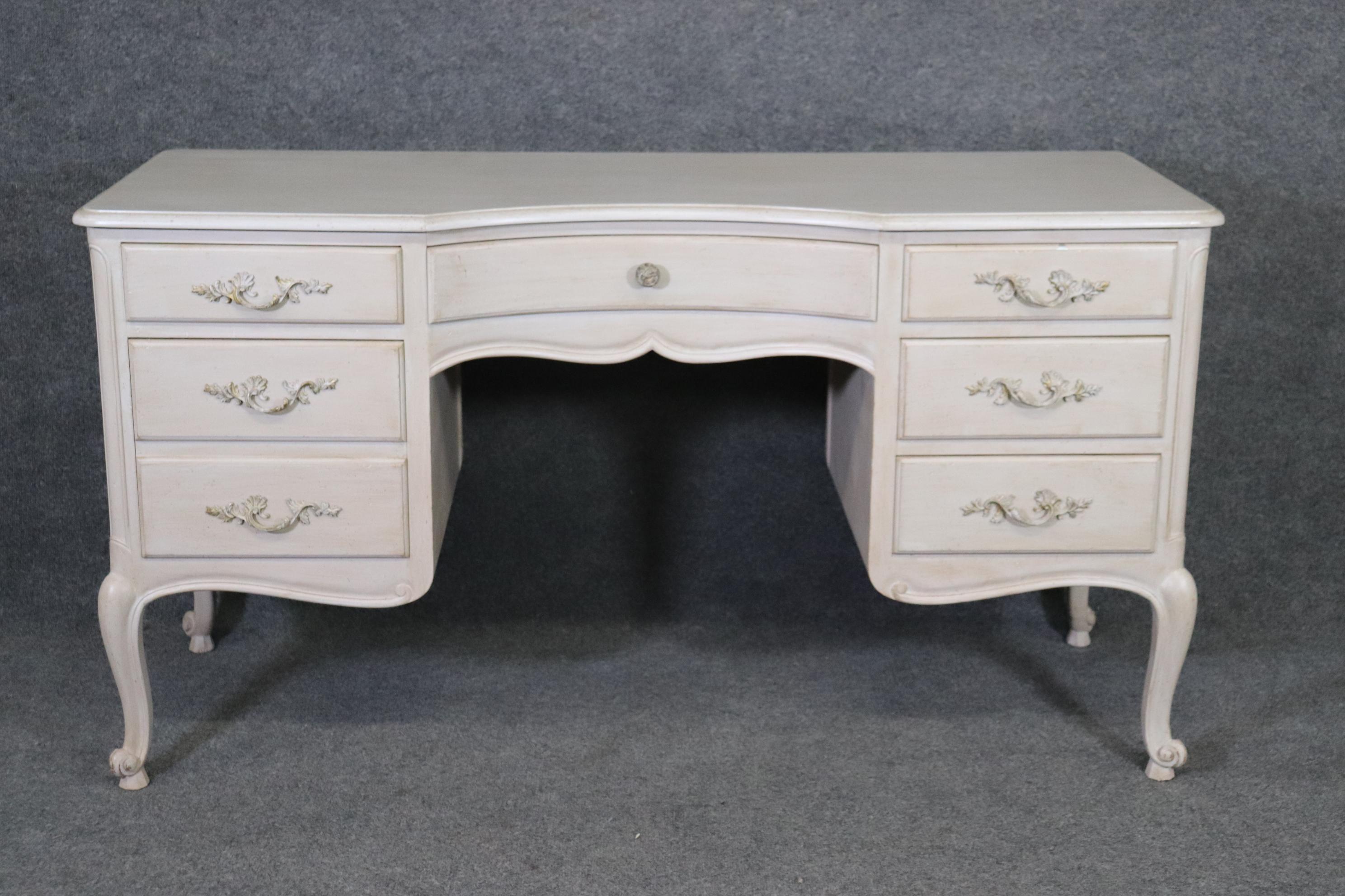 American White Distressed Painted French Louis XV Style Ladies Vanity Writing Desk For Sale