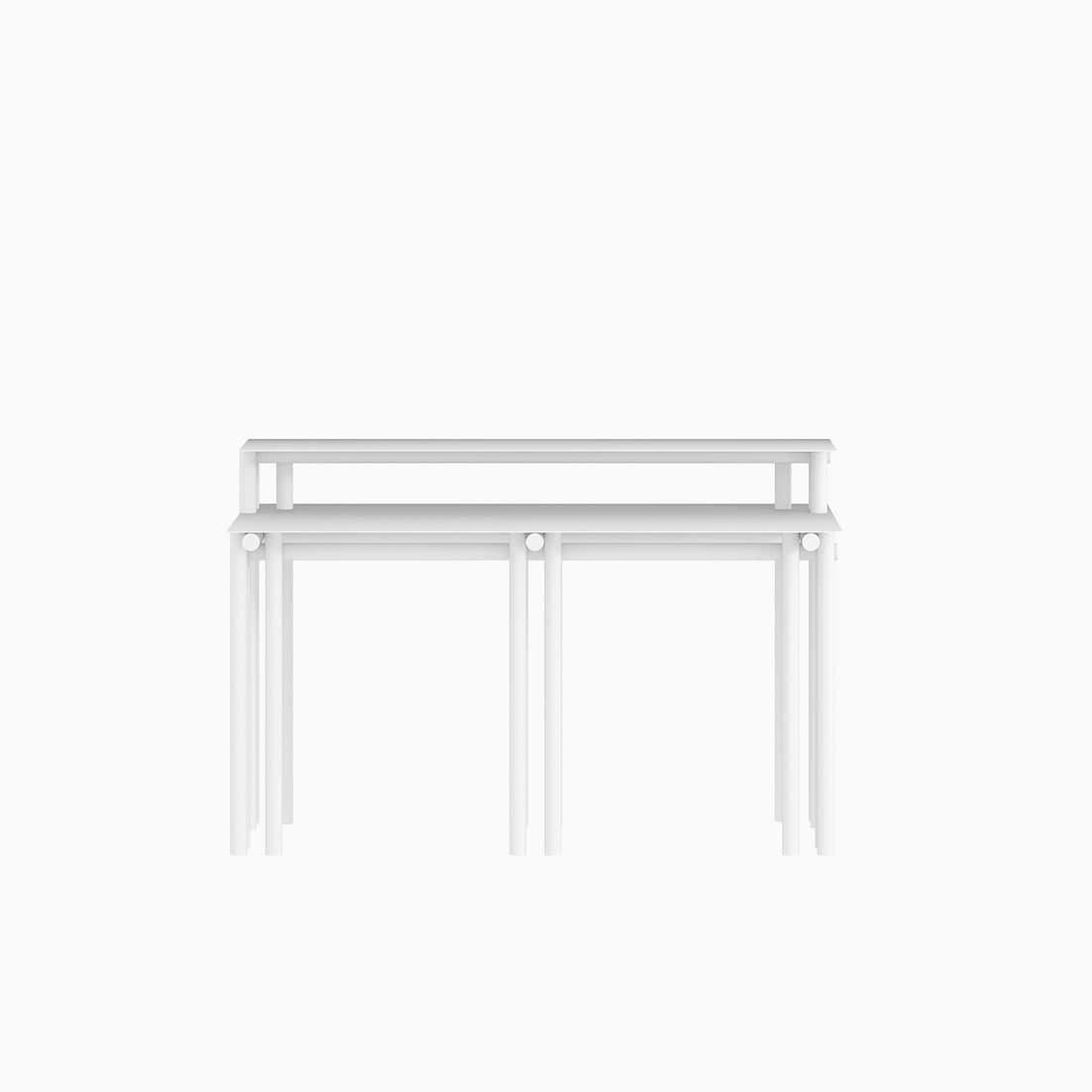 Conceptualized in 2023 by Leonardo Floresvillar, and crafted by hand with galvanized aluminum, coated with matte electrostatic paint. 
The Dolmen Desk  was designed with two surface heights to work comfortably on a computer at your studio or at your