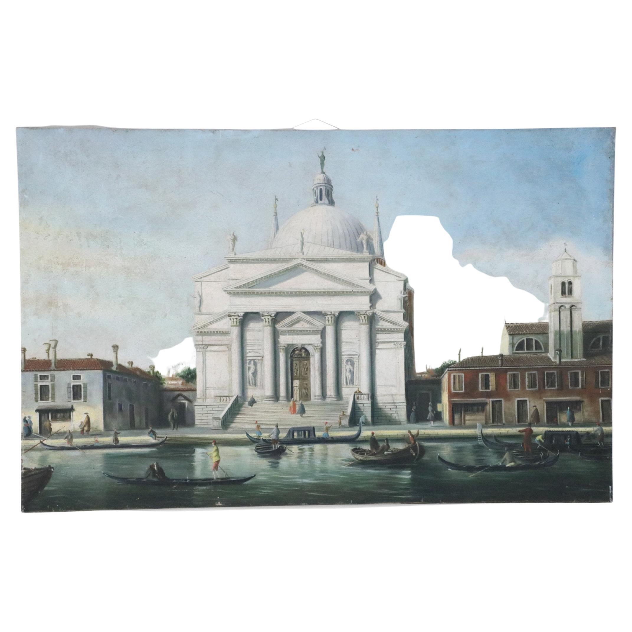 Grand Tour Style 20th Century White Domed Church on Venetian Canal Oil Painting For Sale 8