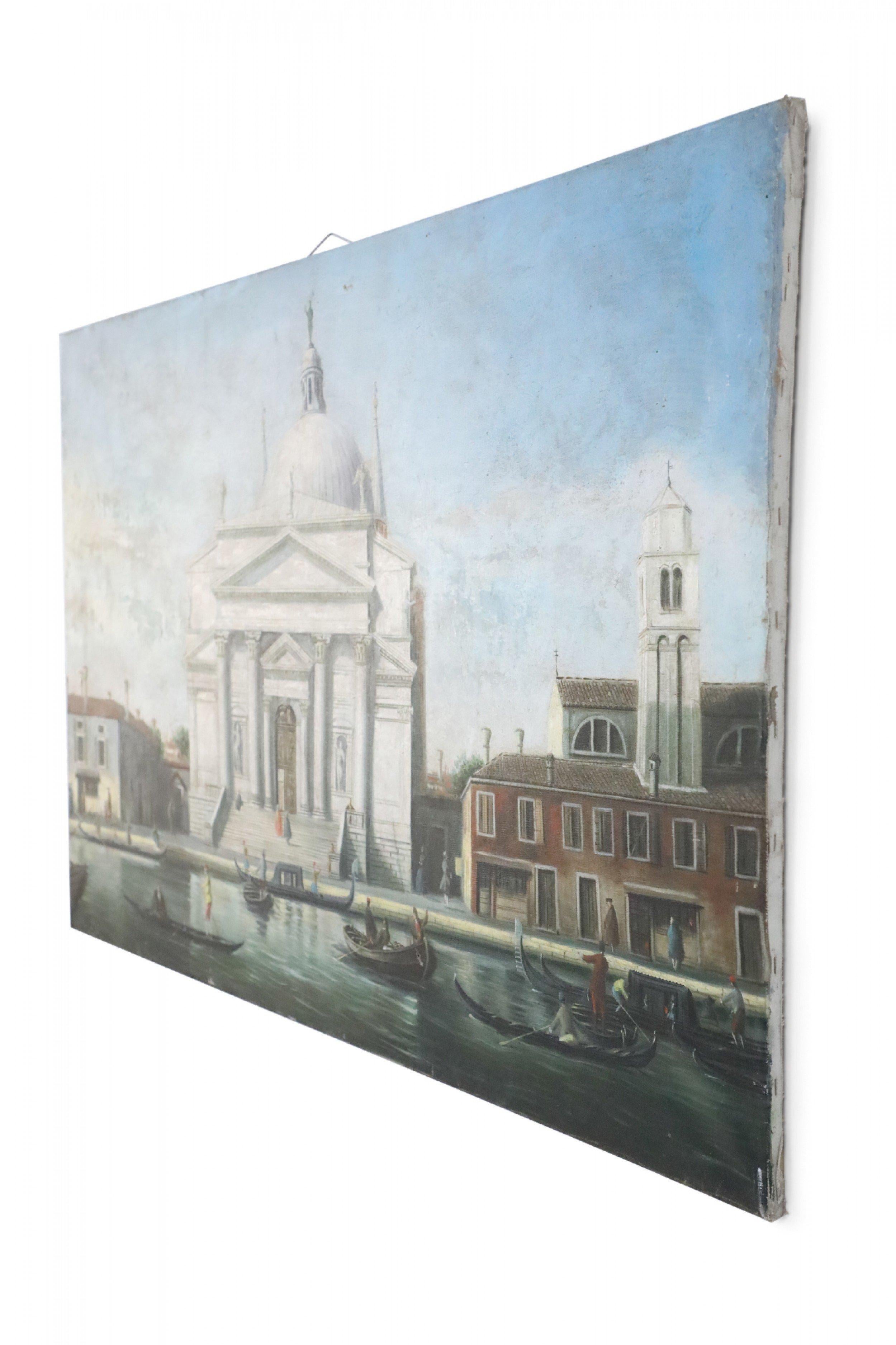 Grand Tour-Style (20th Century) unframed canvas oil painting of a white classical, domed church, resembling the Church of San Giorgio Maggiore, directly on a canal filled with gondolas in transit. Painting unsigned, noted as coming from a