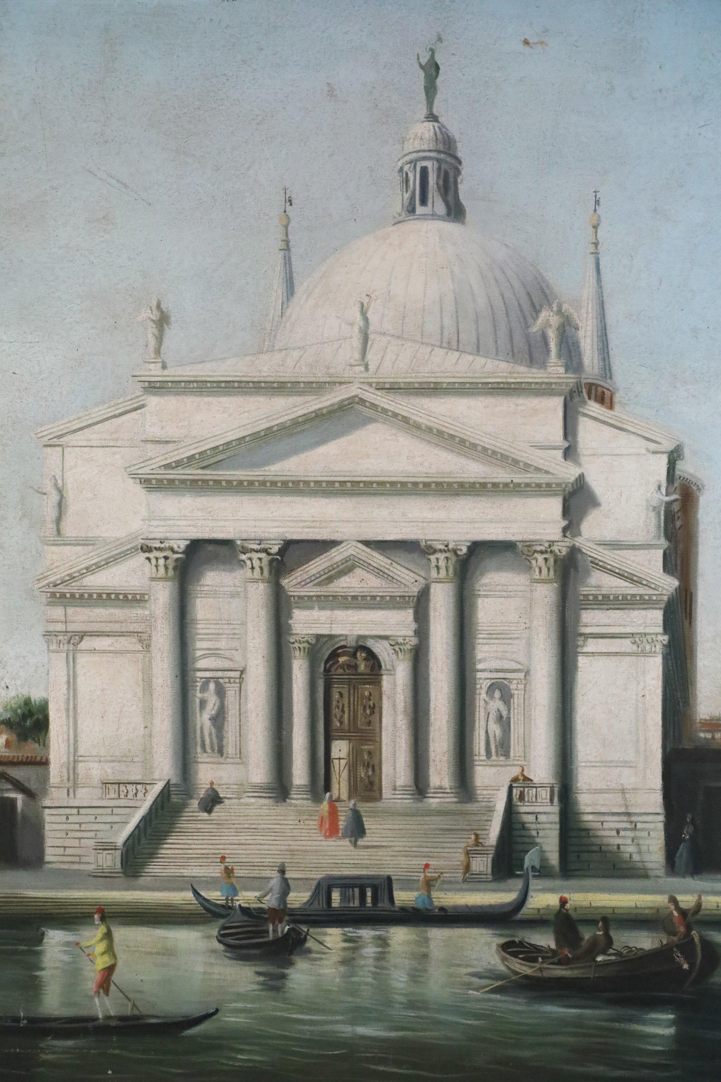 Weiße gewölbte Kirche im Grand Tour-Stil des 20. Jahrhunderts auf venezianischem Kanal, Ölgemälde (Leinwand) im Angebot
